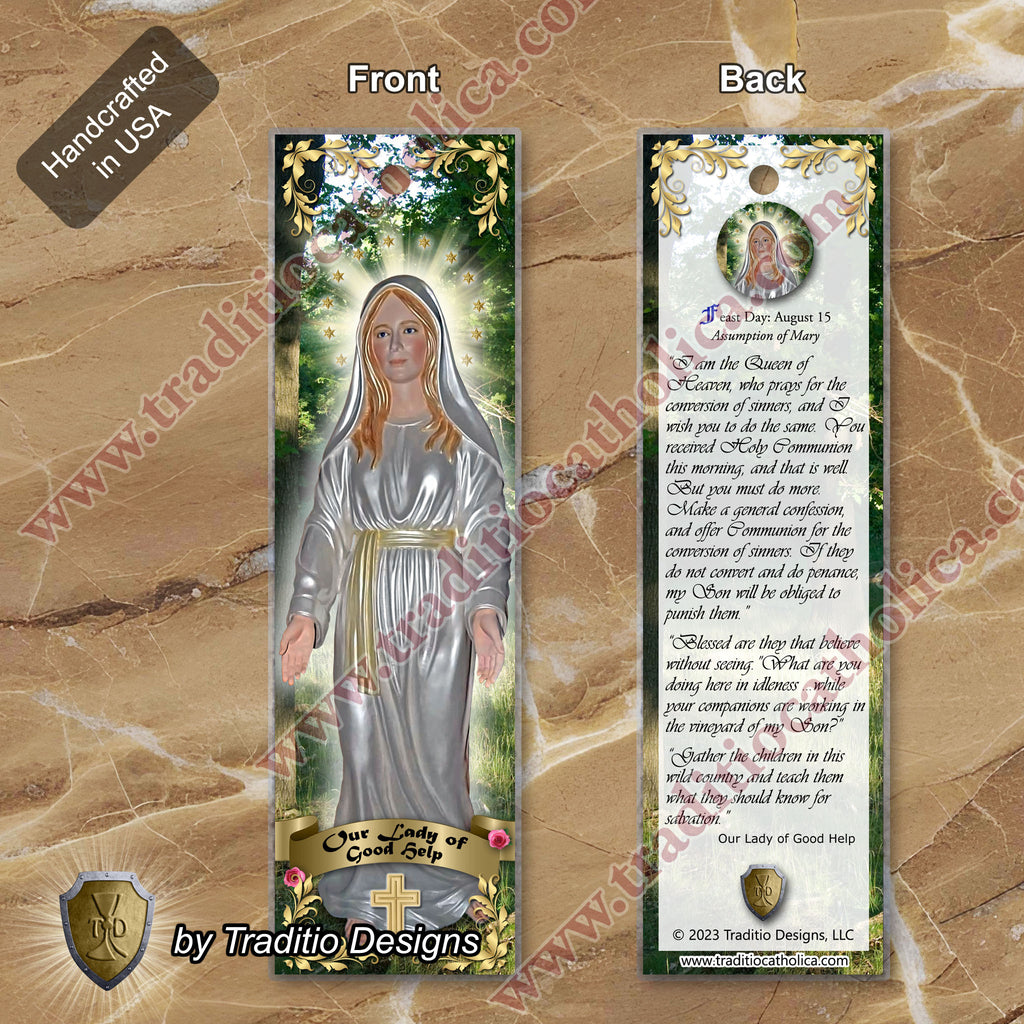 Our Lady of Good Help Statue Art Bookmark | Two-Sided Devotional | 2 x 7-inch