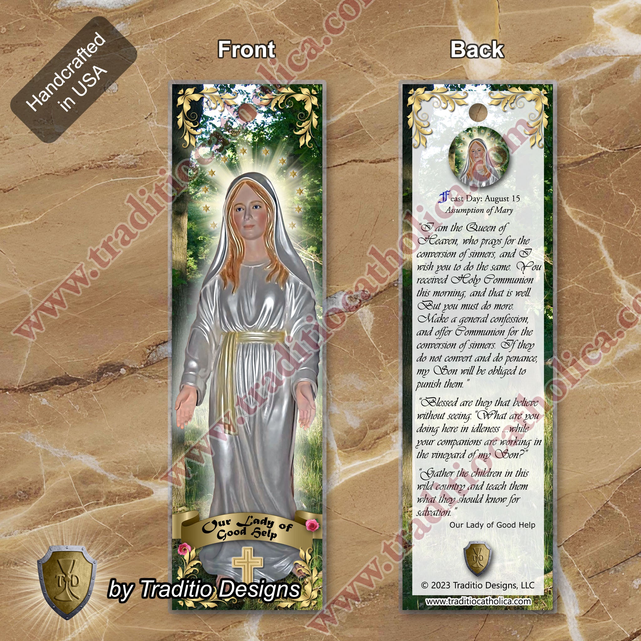Our Lady of Good Help Statue Art Bookmark | Two-Sided Devotional | 2 x 7-inch