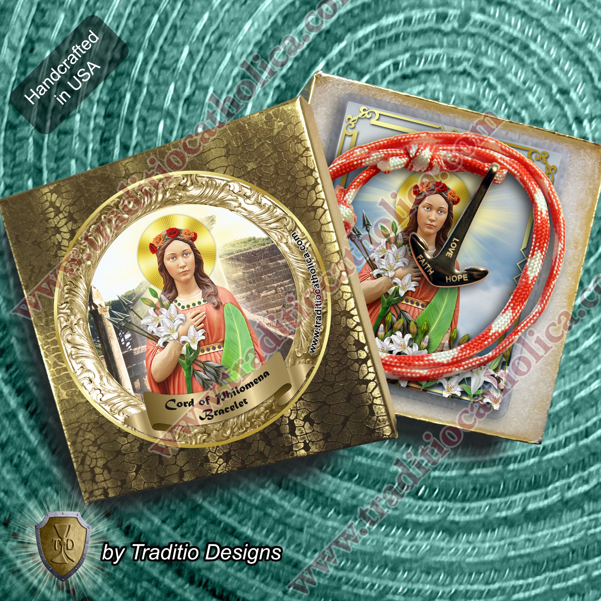 St. Philomena Red & White Devotional Bracelet | 18K Rose Gold Plated Anchor Clasp | Includes Laminated Prayer Card