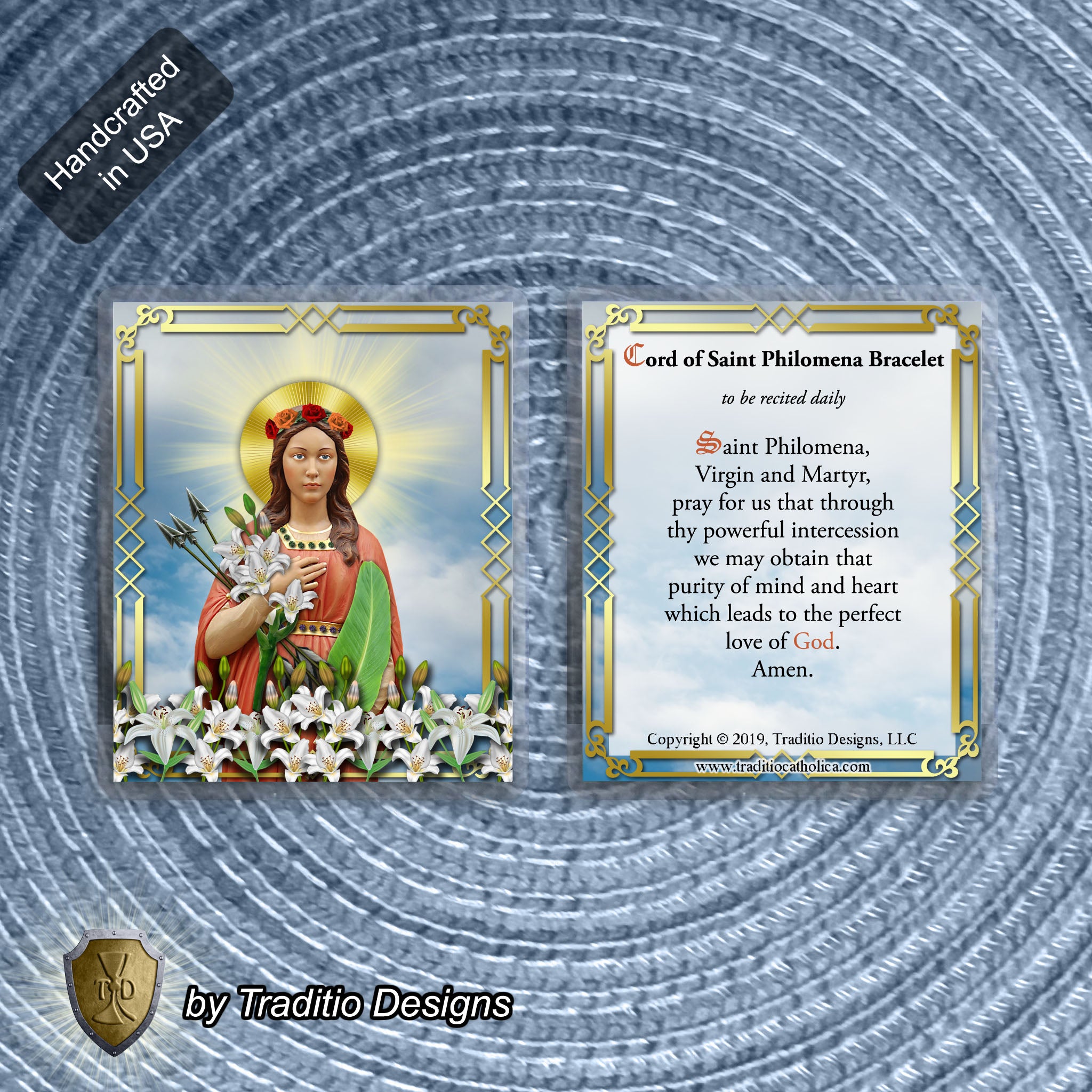 St. Philomena Red & White Devotional Bracelet | 18K Rose Gold Plated Anchor Clasp | Includes Laminated Prayer Card