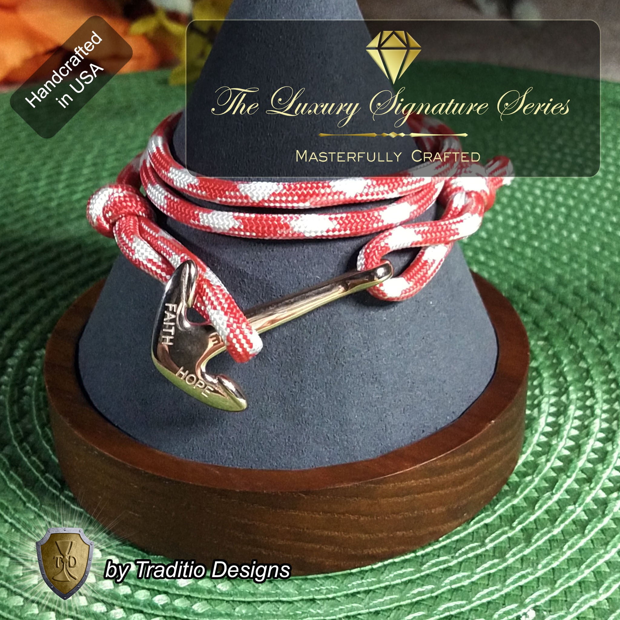 St. Philomena Red & White Devotional Bracelet | 18K Rose Gold Plated Anchor Clasp | Includes Laminated Prayer Card