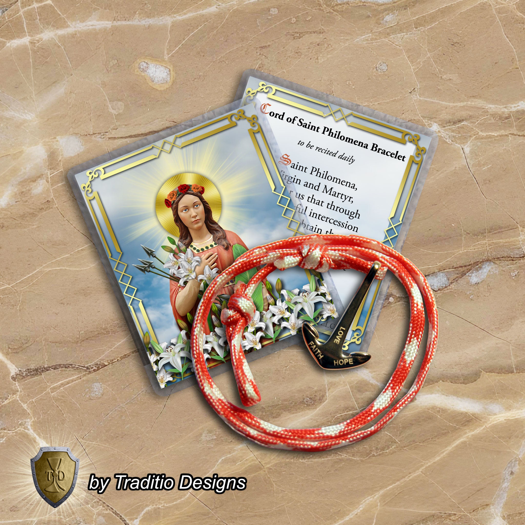 St. Philomena Red & White Devotional Bracelet | 18K Rose Gold Plated Anchor Clasp | Includes Laminated Prayer Card