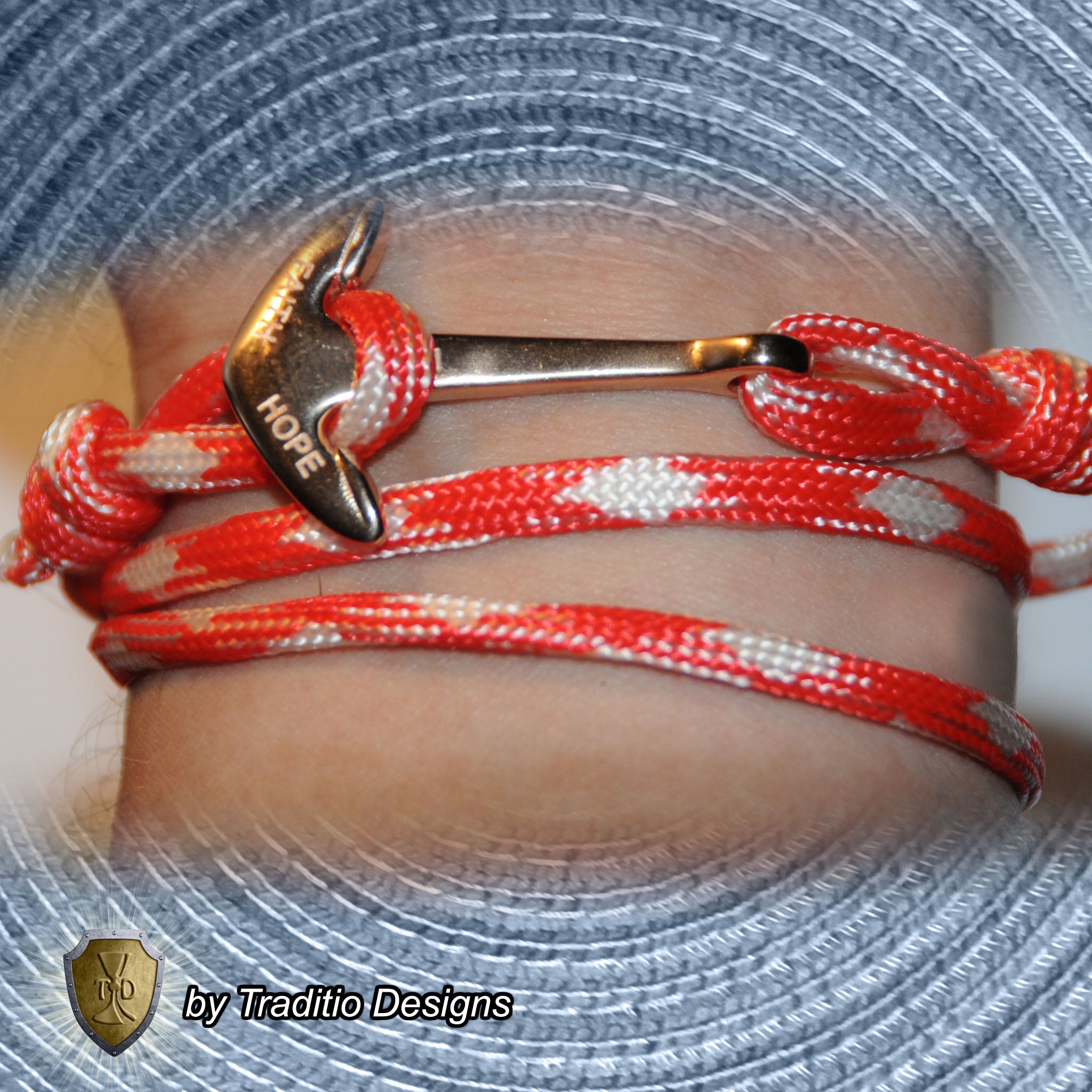 St. Philomena Red & White Devotional Bracelet | 18K Rose Gold Plated Anchor Clasp | Includes Laminated Prayer Card
