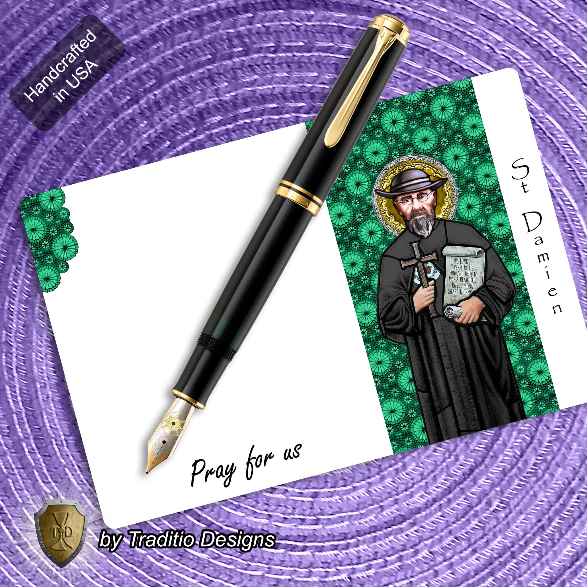 St. Damien of Molokai Stained Glass Greeting Cards | Set of 5 with Gold-Lined Envelopes