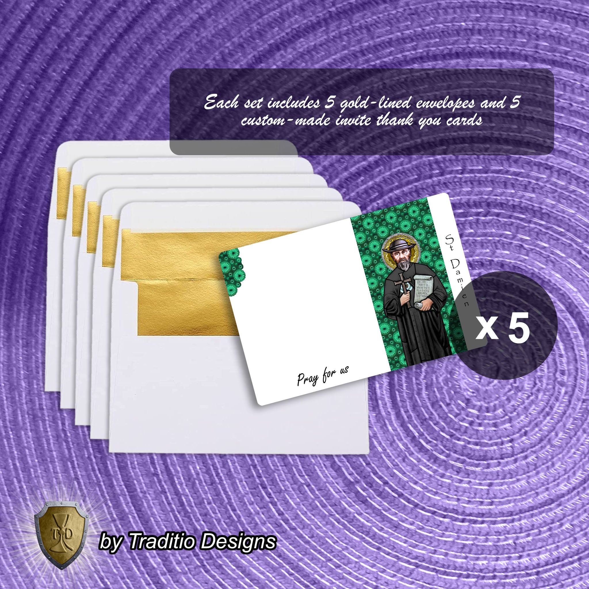 St. Damien of Molokai Stained Glass Greeting Cards | Set of 5 with Gold-Lined Envelopes