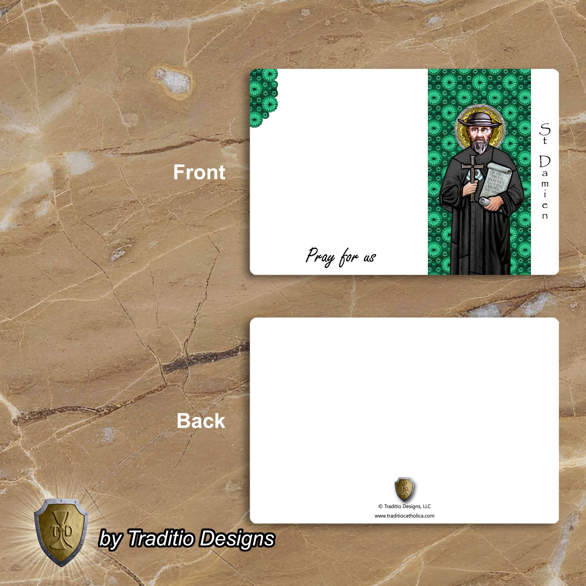 St. Damien of Molokai Stained Glass Greeting Cards | Set of 5 with Gold-Lined Envelopes