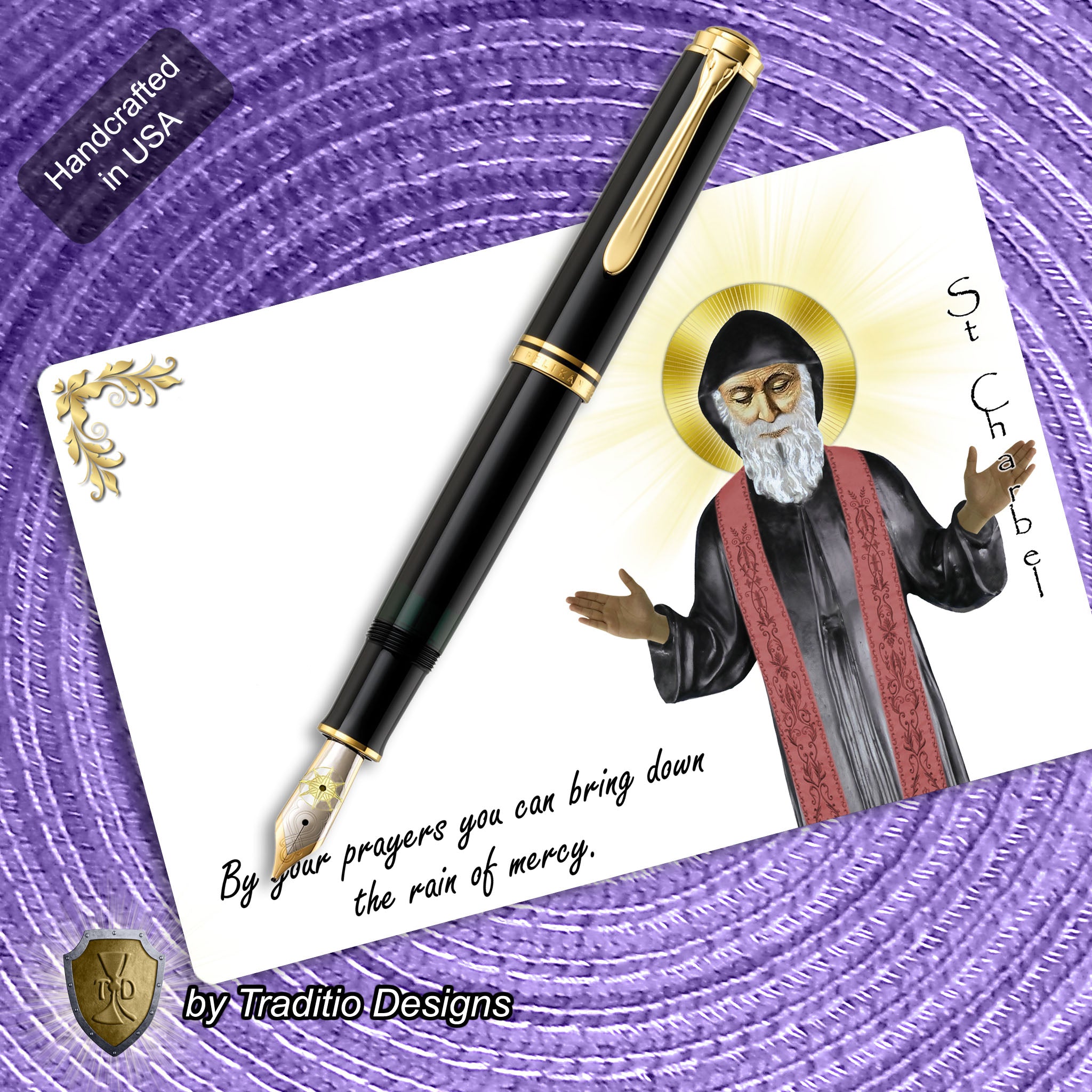 St. Charbel Makhlouf Statue Art Greeting Cards | Set of 5 with Gold-Lined Envelopes