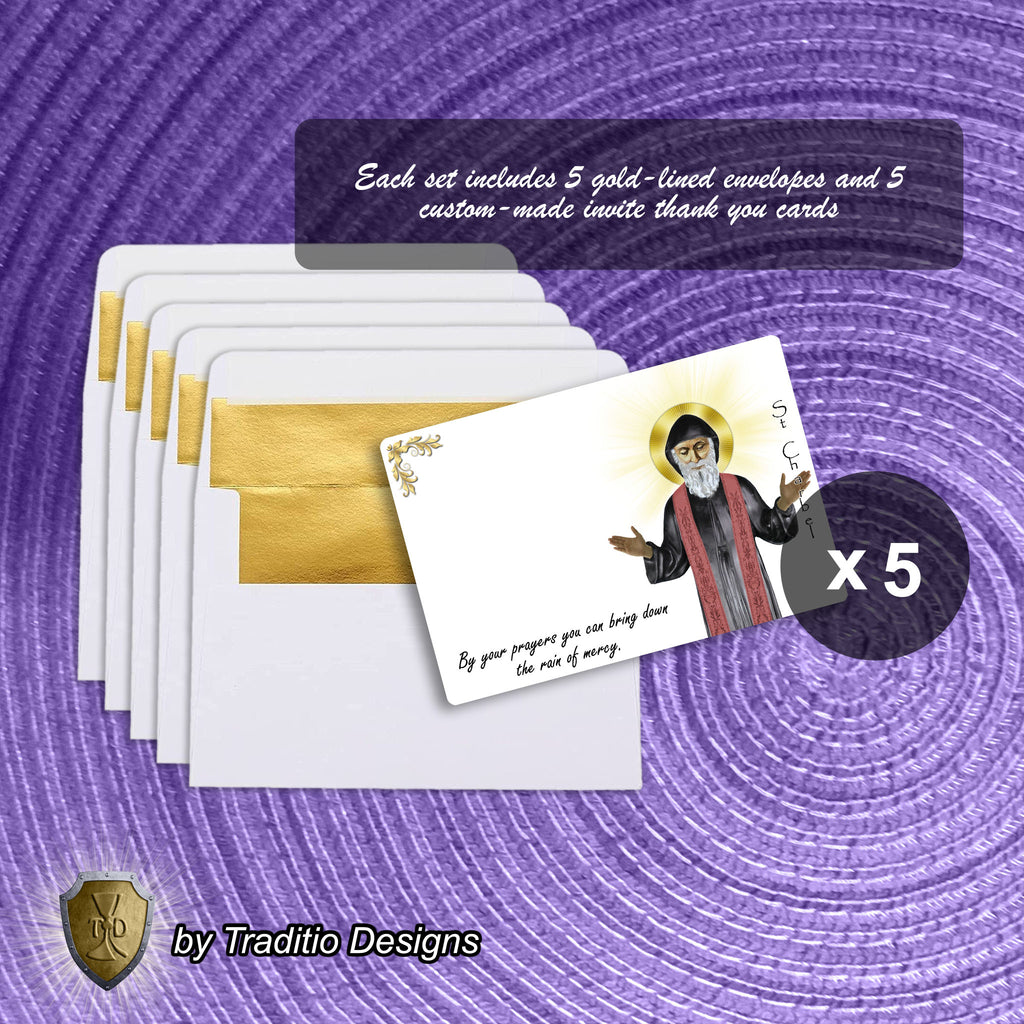 St. Charbel Makhlouf Statue Art Greeting Cards | Set of 5 with Gold-Lined Envelopes