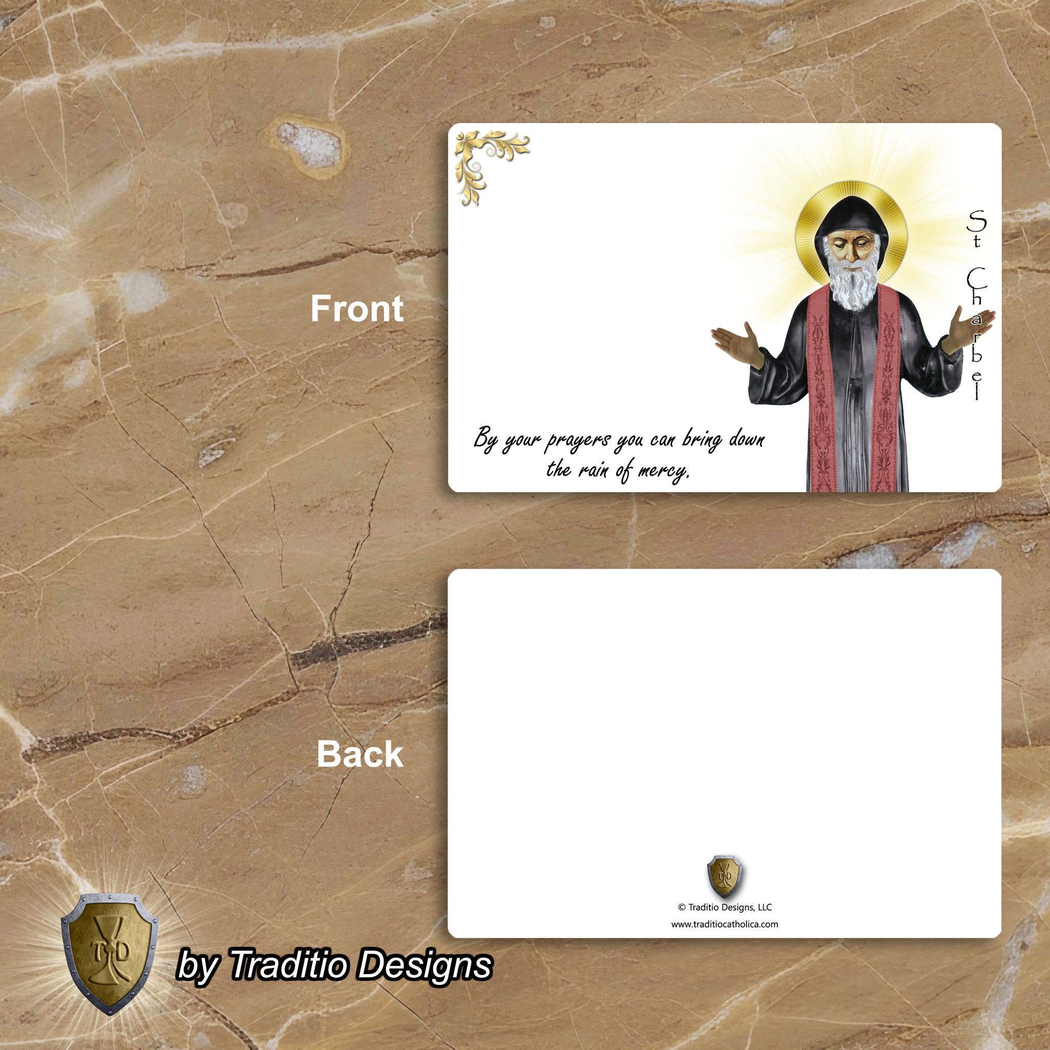 St. Charbel Makhlouf Statue Art Greeting Cards | Set of 5 with Gold-Lined Envelopes