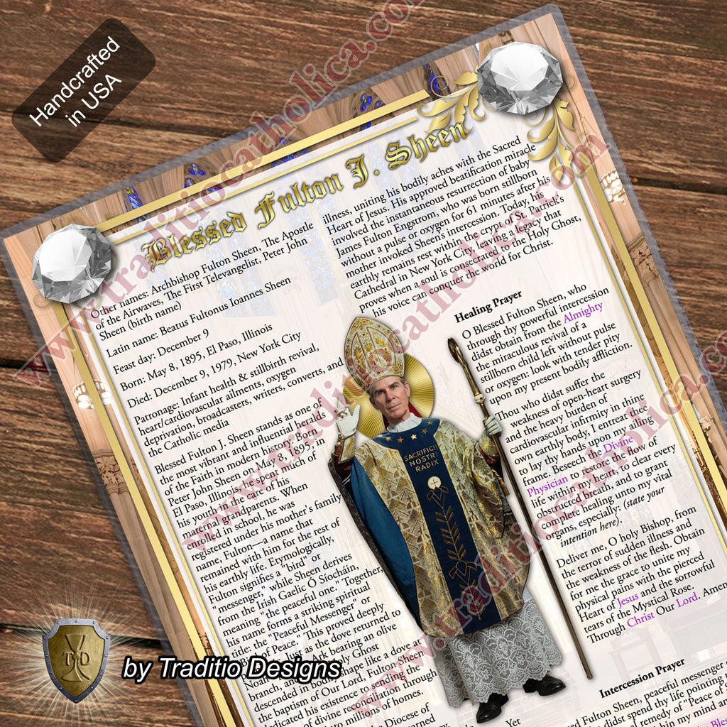 Bl. Fulton J. Sheen Large Devotional Prayer Card | Realistic Edition | Laminated 7x11 | Biography, Prayers & Litany