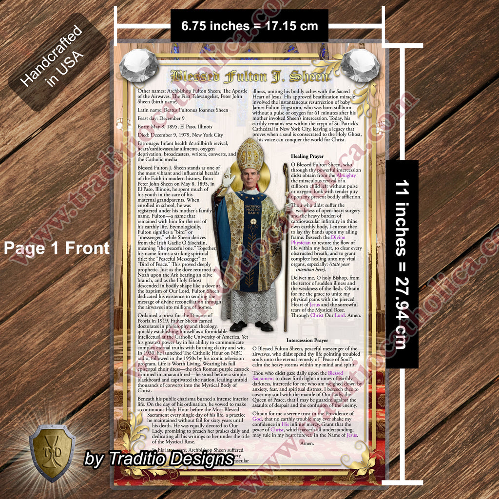 Bl. Fulton J. Sheen Large Devotional Prayer Card | Realistic Edition | Laminated 7x11 | Biography, Prayers & Litany