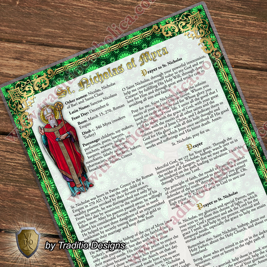 St. Nicholas Large Devotional Prayer Card | Stained Glass Edition | Laminated 7x11 | Powerful Prayers & Litany