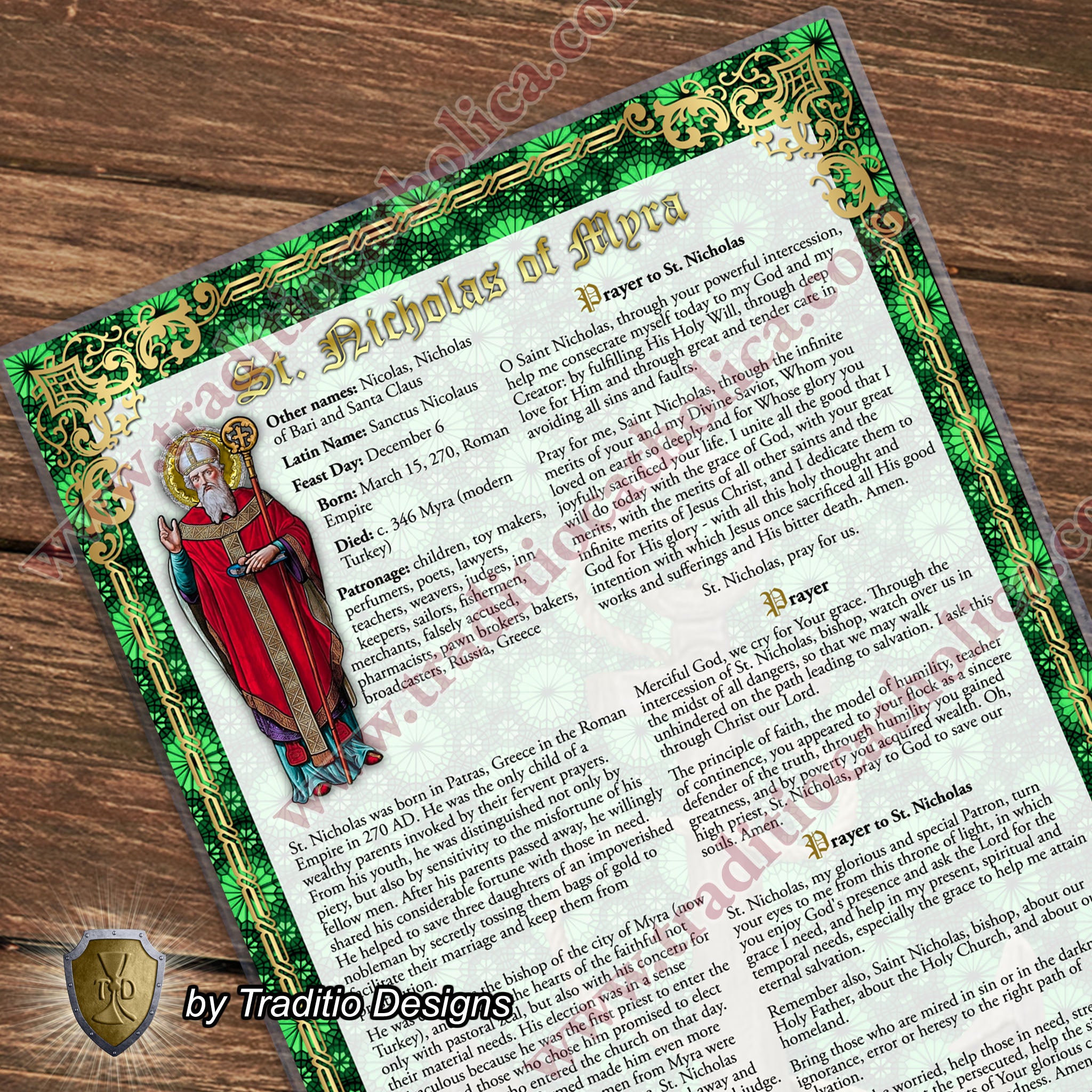 St. Nicholas Large Devotional Prayer Card | Stained Glass Edition | Laminated 7x11 | Powerful Prayers & Litany