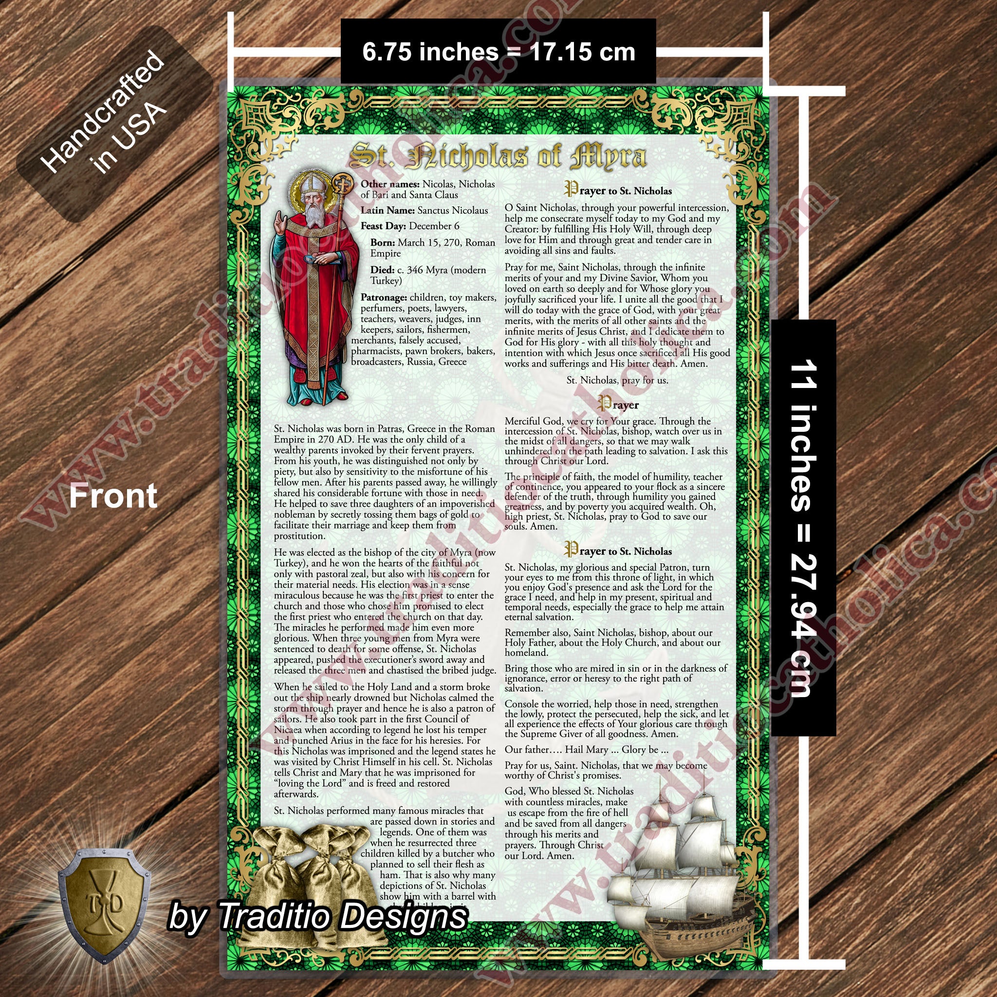 St. Nicholas Large Devotional Prayer Card | Stained Glass Edition | Laminated 7x11 | Powerful Prayers & Litany