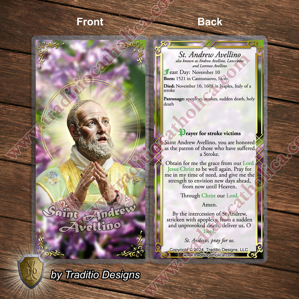 St. Andrew Avellino, Patron of Stroke Victims - Catholic prayer holy card - Laminated Face Design