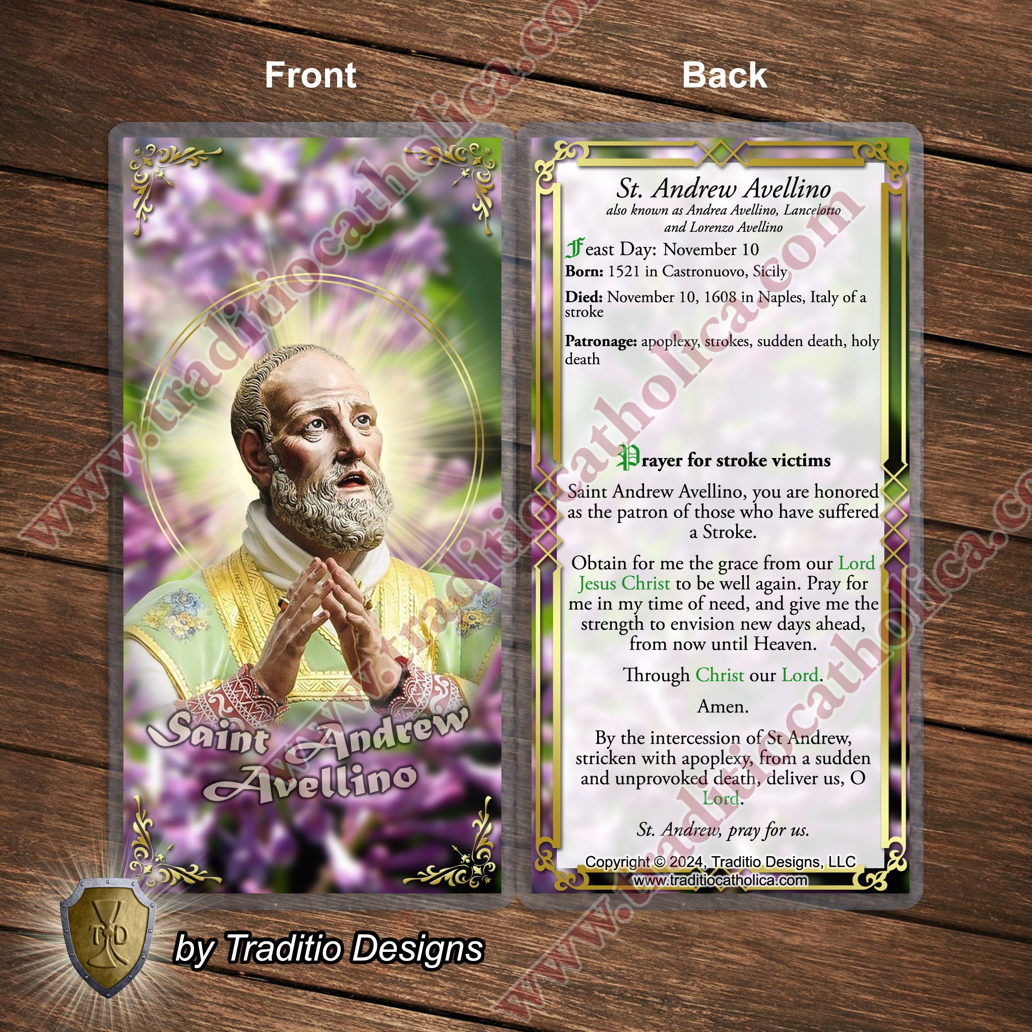 St. Andrew Avellino, Patron of Stroke Victims - Catholic prayer holy card - Laminated Face Design