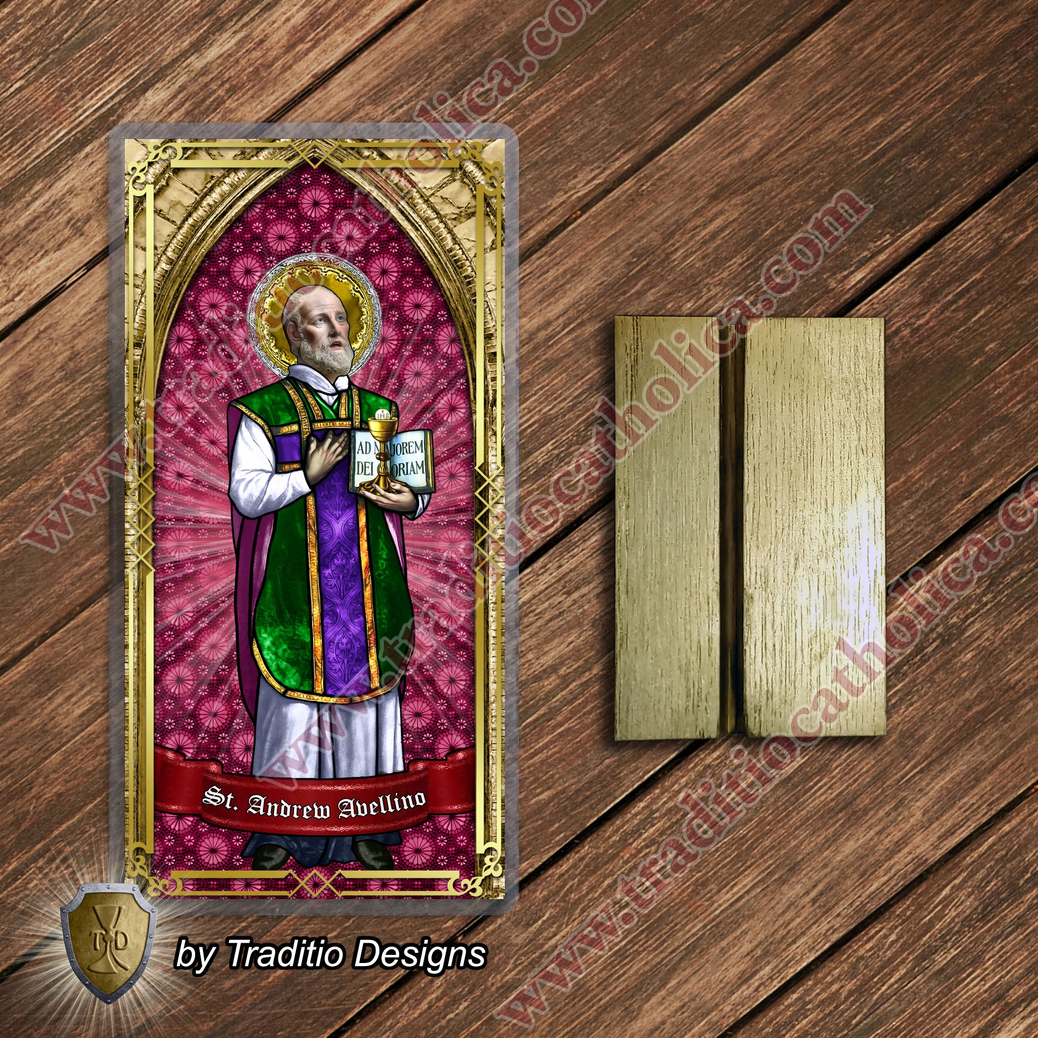 St. Andrew Avellino, Patron of Stroke Victims | Catholic prayer holy card | Laminated Stained Glass Gold Design