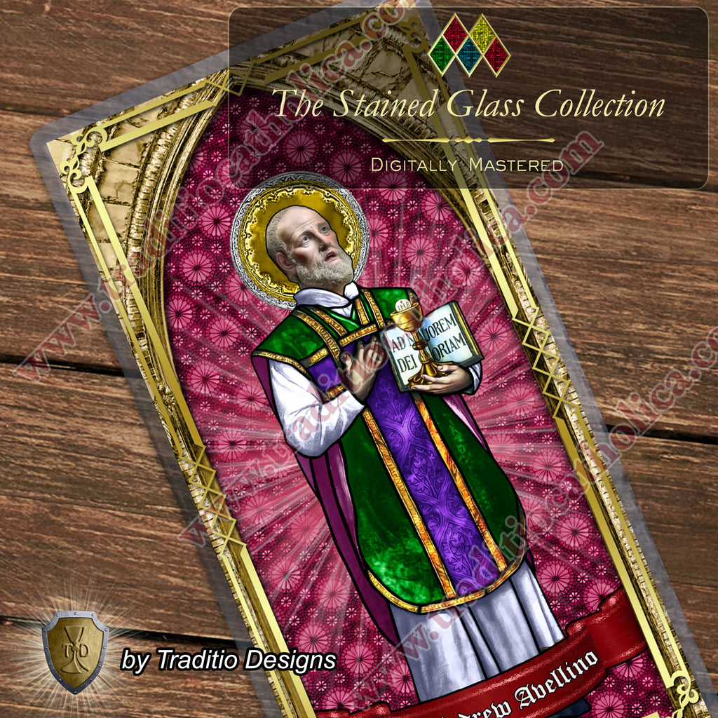 St. Andrew Avellino, Patron of Stroke Victims | Catholic prayer holy card | Laminated Stained Glass Gold Design