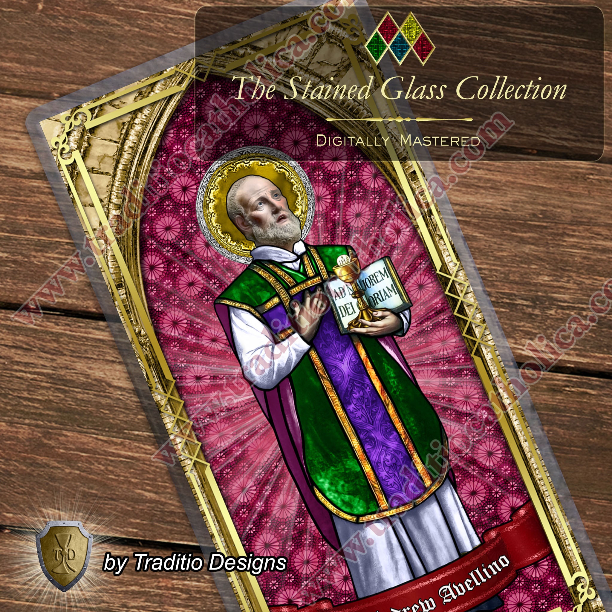 St. Andrew Avellino, Patron of Stroke Victims | Catholic prayer holy card | Laminated Stained Glass Gold Design