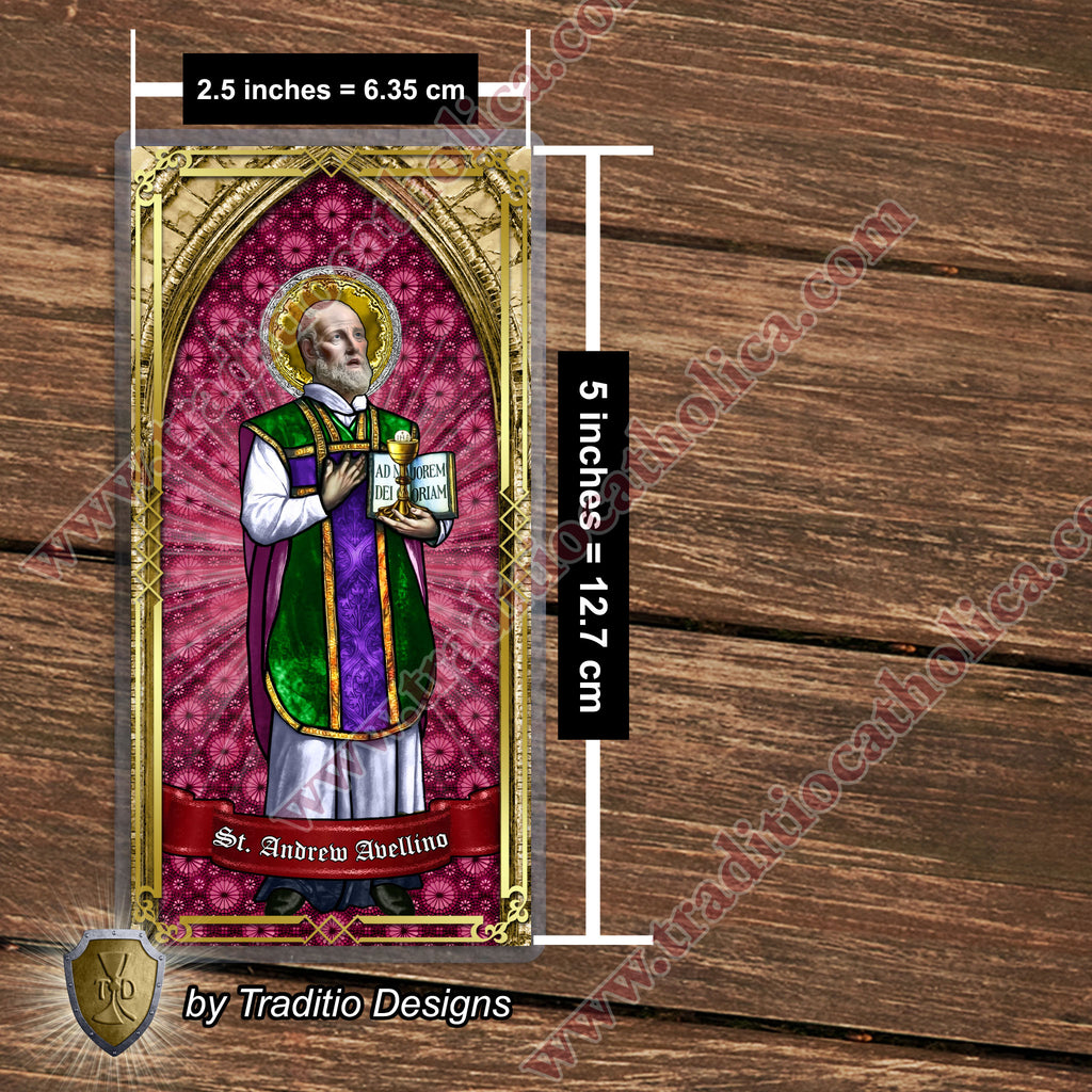 St. Andrew Avellino, Patron of Stroke Victims | Catholic prayer holy card | Laminated Stained Glass Gold Design
