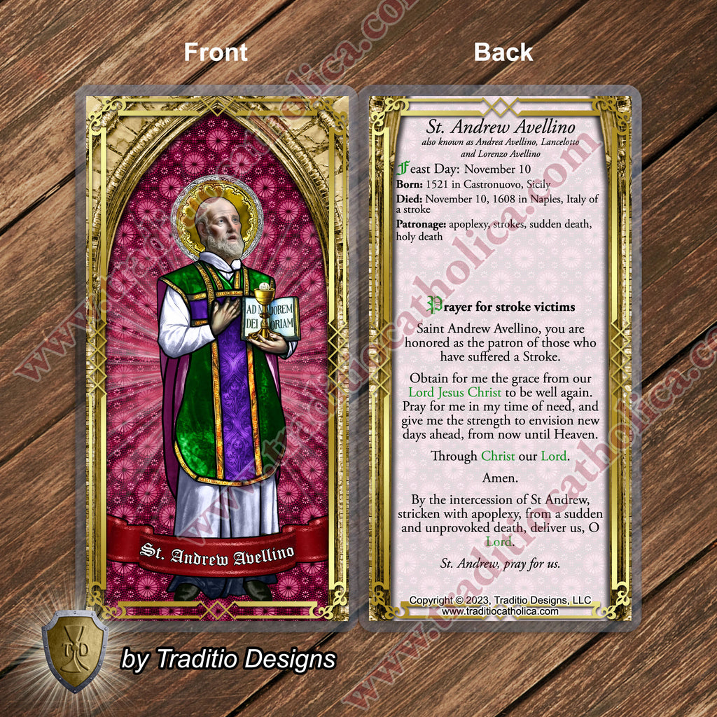 St. Andrew Avellino, Patron of Stroke Victims | Catholic prayer holy card | Laminated Stained Glass Gold Design