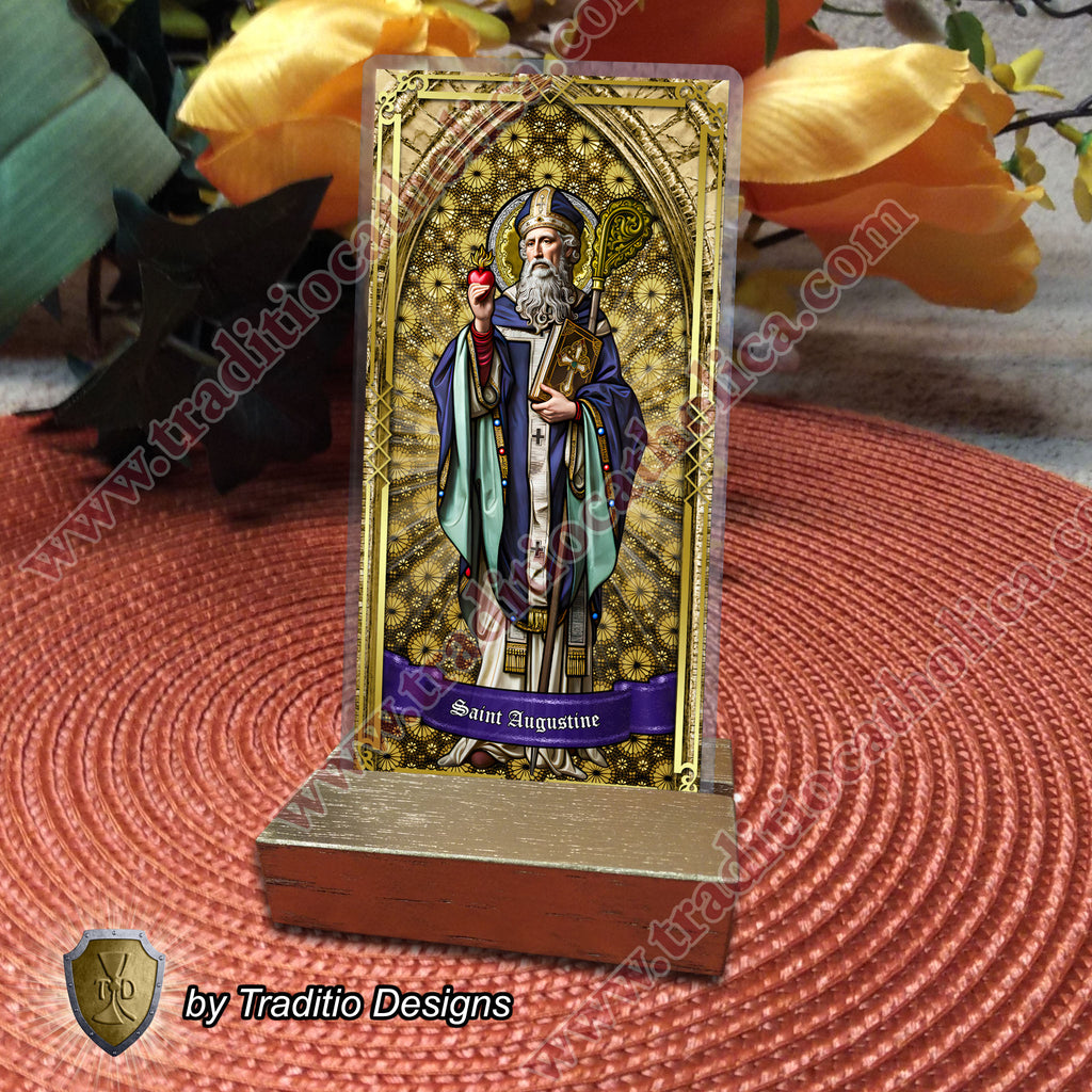 St. Augustine | Sore Eyes, Sore Throats & Recovery from Vice | Laminated Stained Glass Gold Design