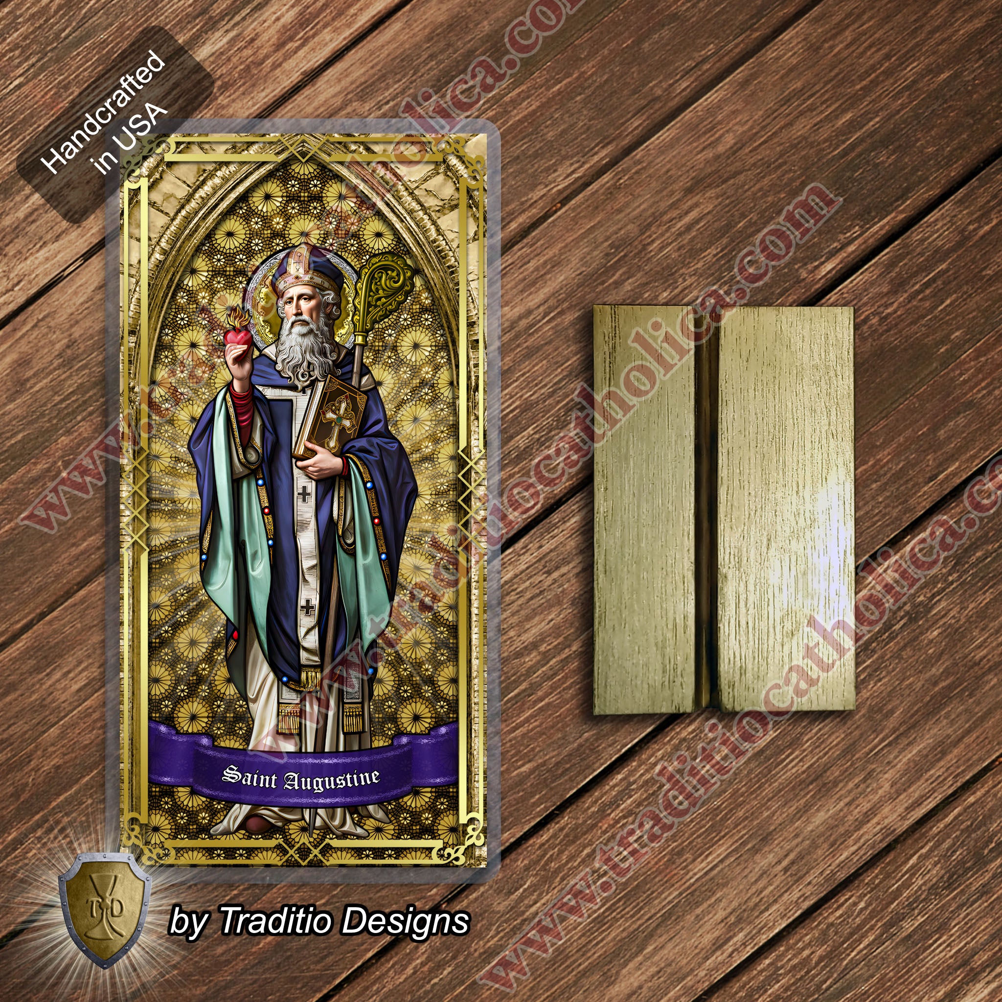 St. Augustine | Sore Eyes, Sore Throats & Recovery from Vice | Laminated Stained Glass Gold Design