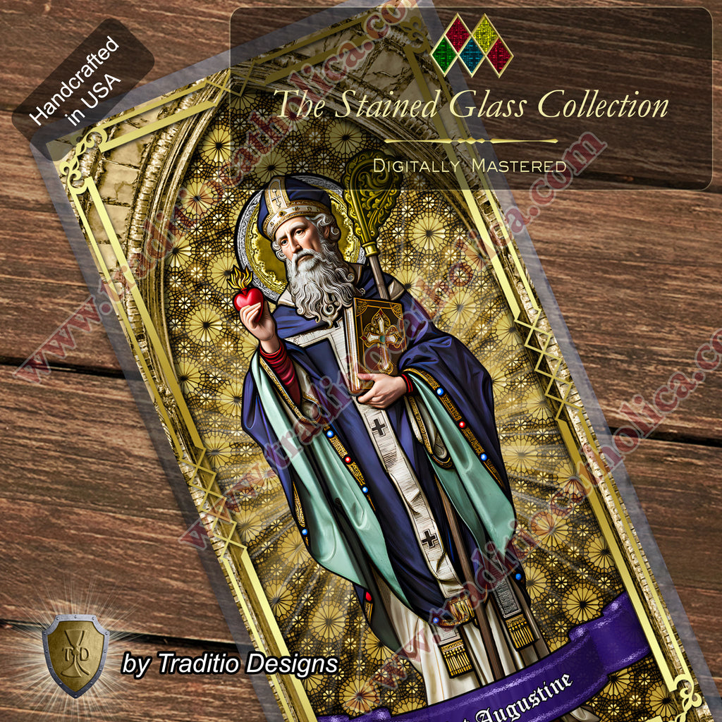 St. Augustine | Sore Eyes, Sore Throats & Recovery from Vice | Laminated Stained Glass Gold Design