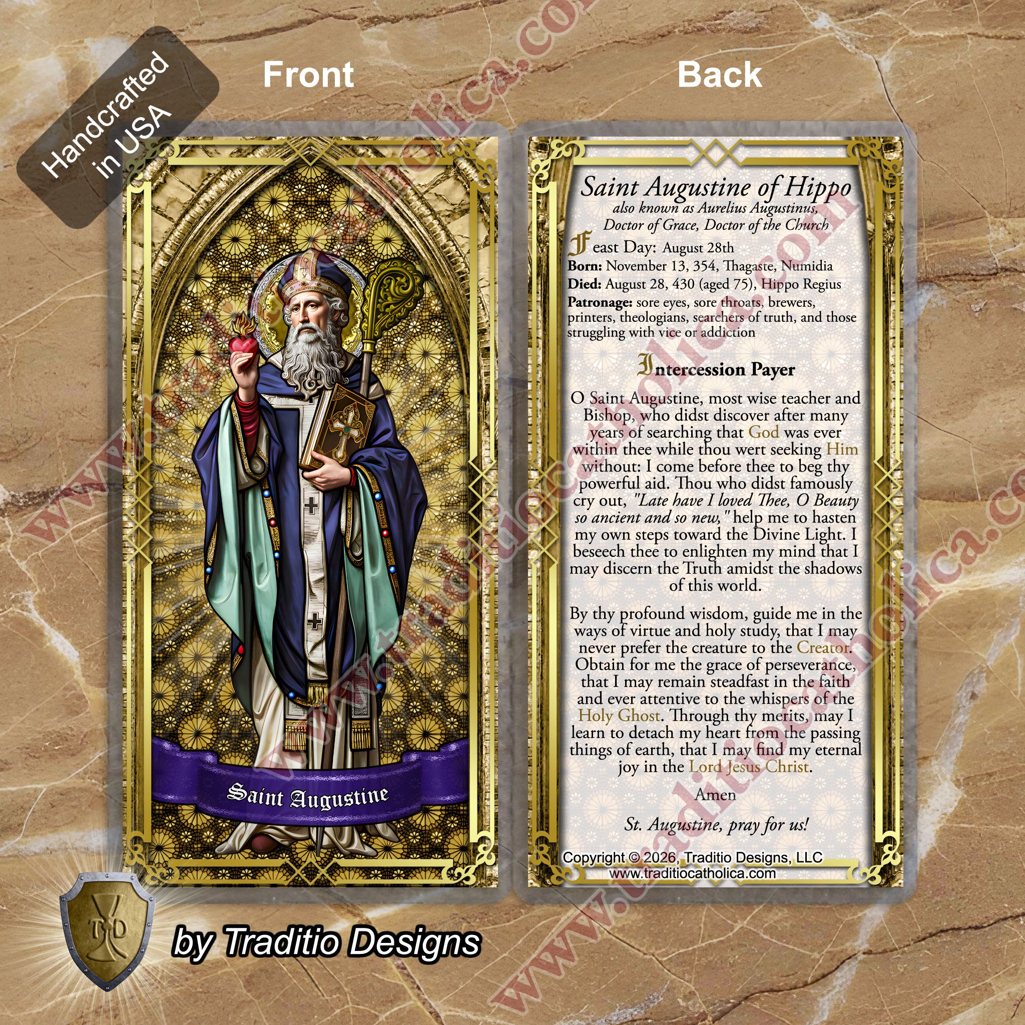 St. Augustine | Sore Eyes, Sore Throats & Recovery from Vice | Laminated Stained Glass Gold Design