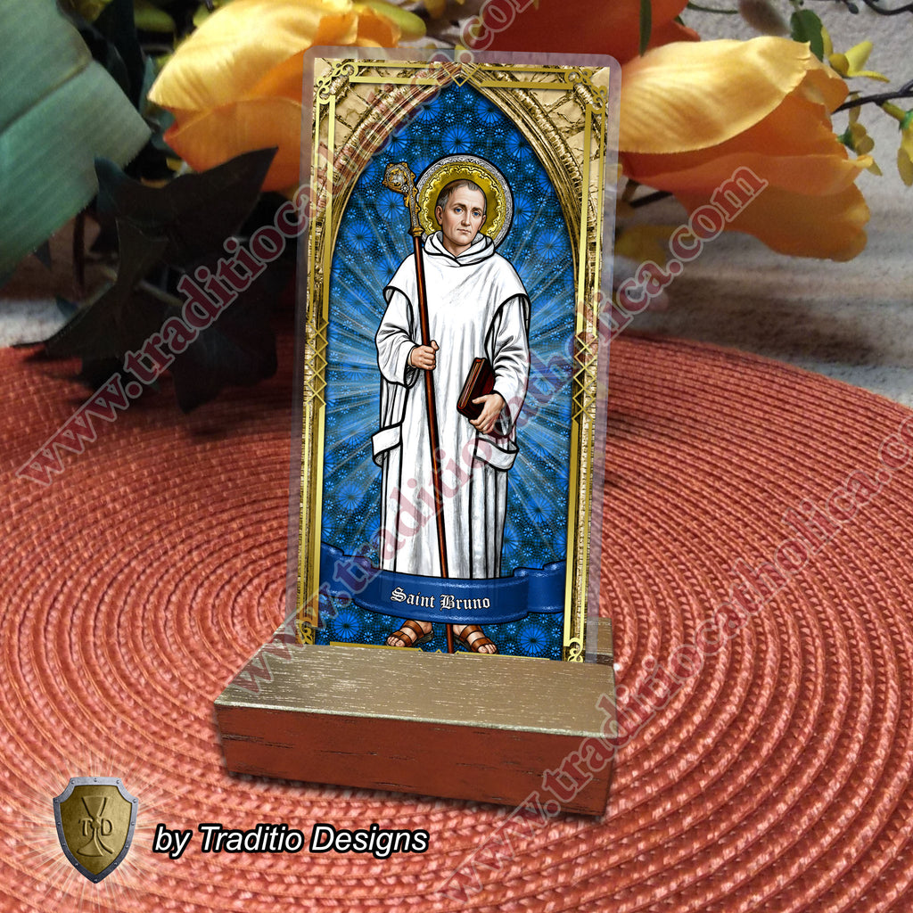 St. Bruno | Spiritual Oppression, Peace of Mind & Sensory Healing | Laminated Stained Glass Gold Design