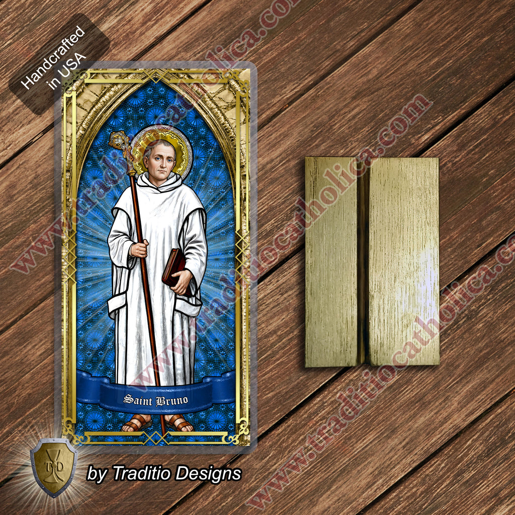 St. Bruno | Spiritual Oppression, Peace of Mind & Sensory Healing | Laminated Stained Glass Gold Design