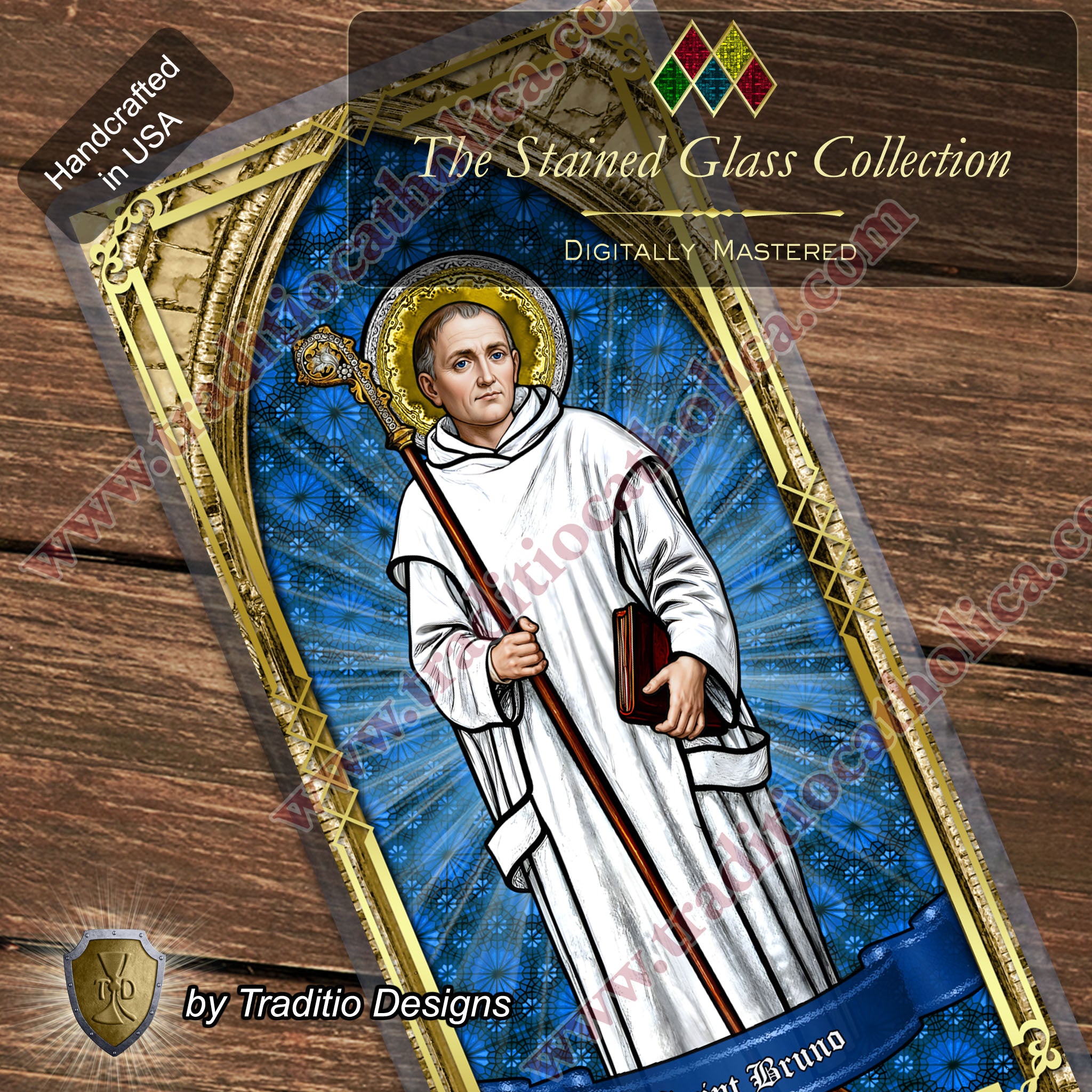 St. Bruno | Spiritual Oppression, Peace of Mind & Sensory Healing | Laminated Stained Glass Gold Design