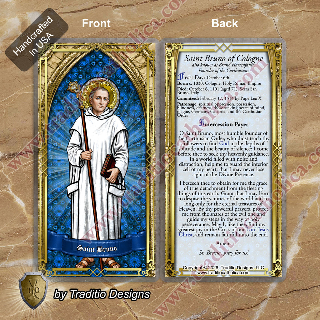 St. Bruno | Spiritual Oppression, Peace of Mind & Sensory Healing | Laminated Stained Glass Gold Design