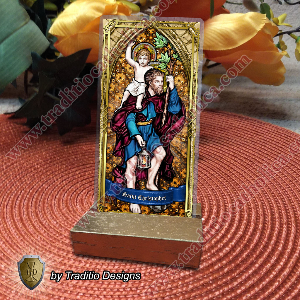 St. Christopher | Safety in Travel, Protection from Storms & Physical Strength | Laminated Stained Glass Gold Design