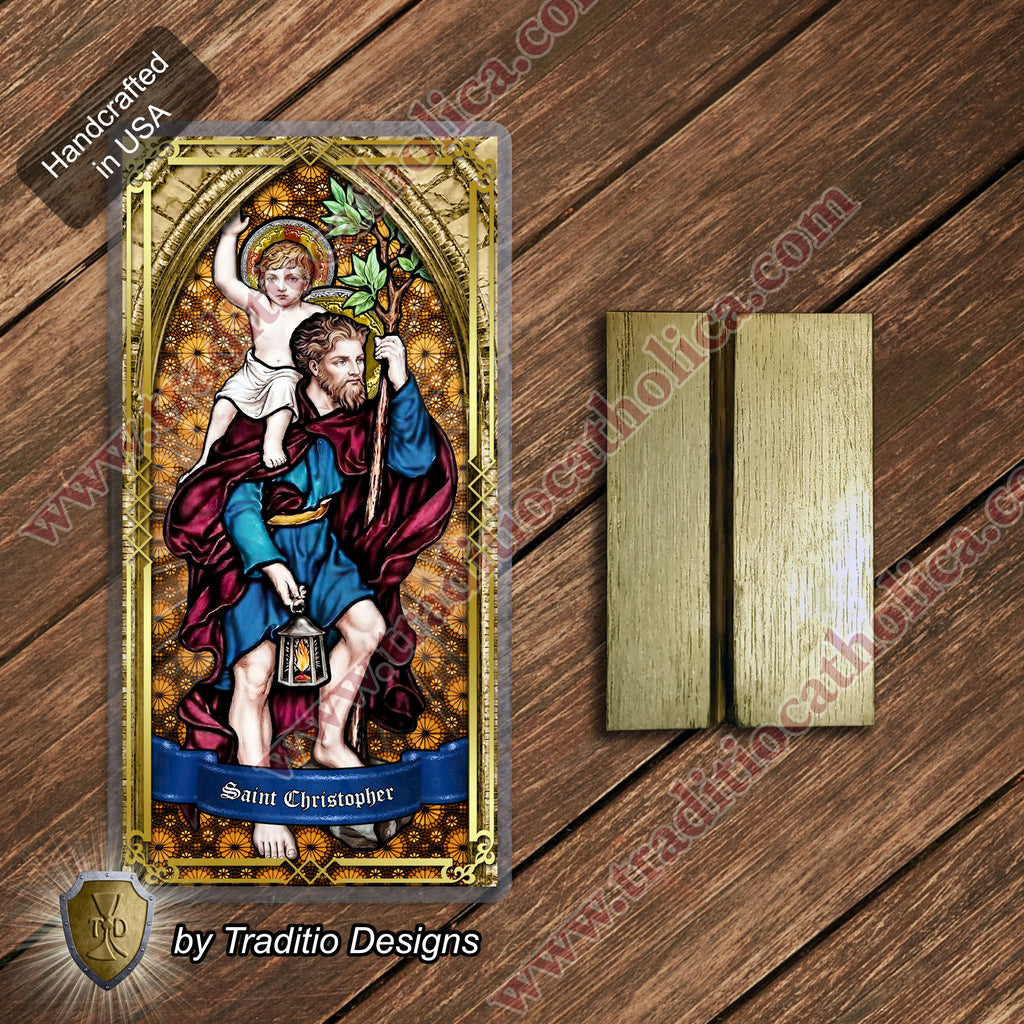 St. Christopher | Safety in Travel, Protection from Storms & Physical Strength | Laminated Stained Glass Gold Design