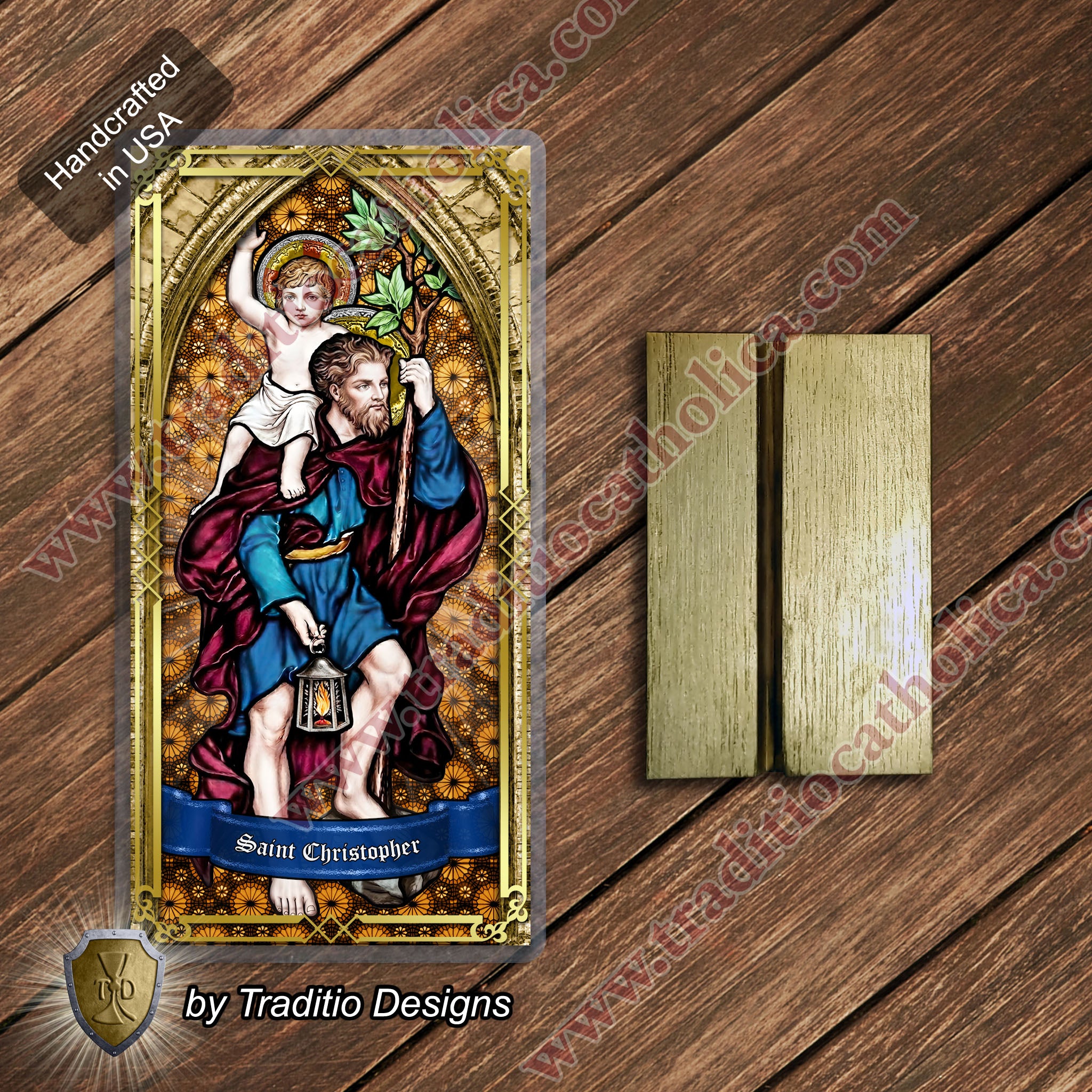 St. Christopher | Safety in Travel, Protection from Storms & Physical Strength | Laminated Stained Glass Gold Design