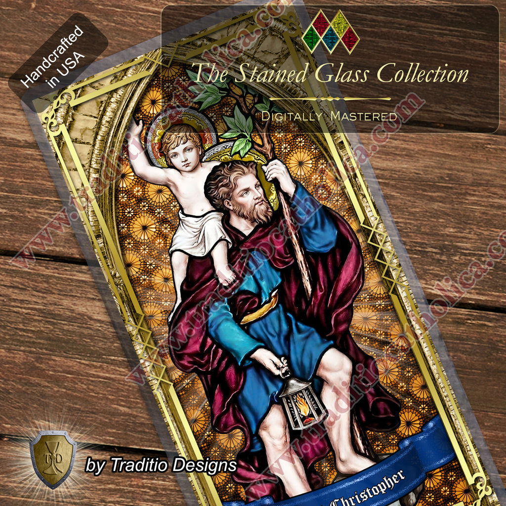 St. Christopher | Safety in Travel, Protection from Storms & Physical Strength | Laminated Stained Glass Gold Design