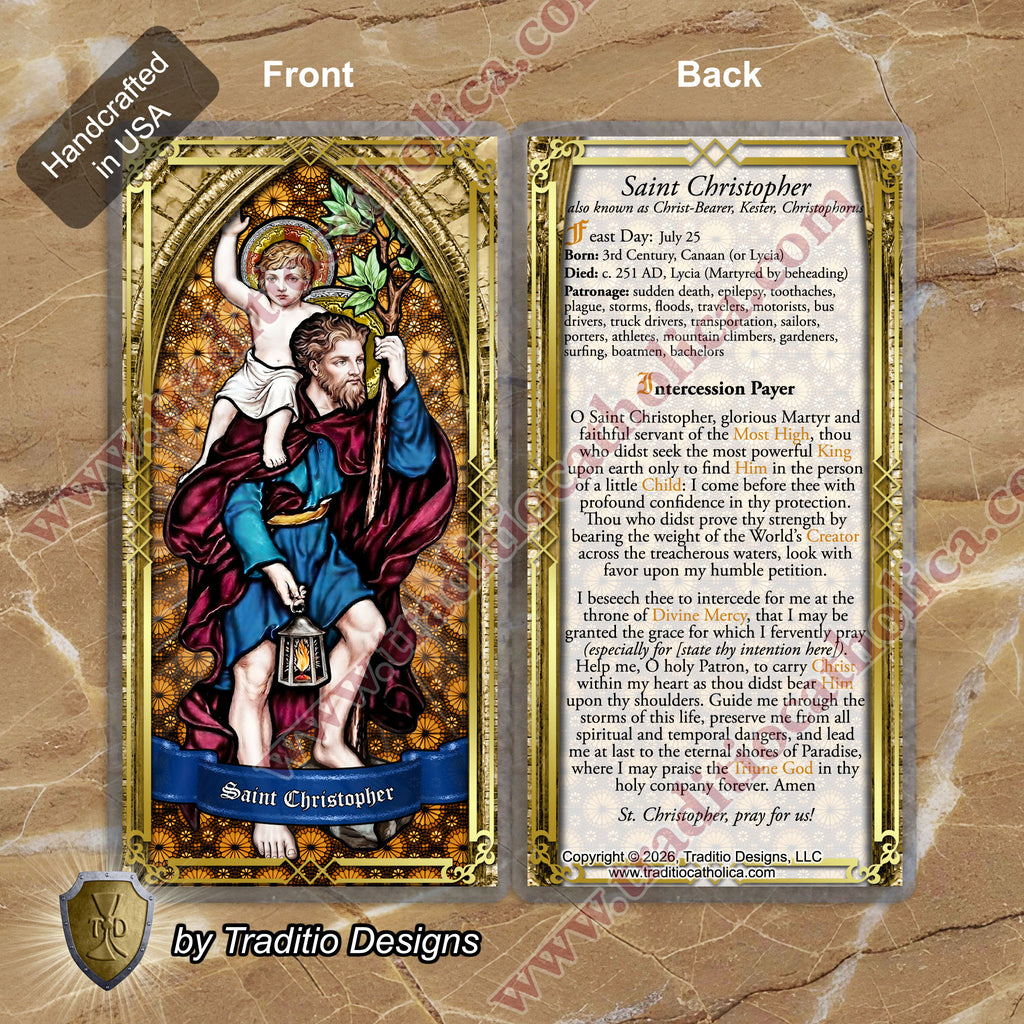 St. Christopher | Safety in Travel, Protection from Storms & Physical Strength | Laminated Stained Glass Gold Design