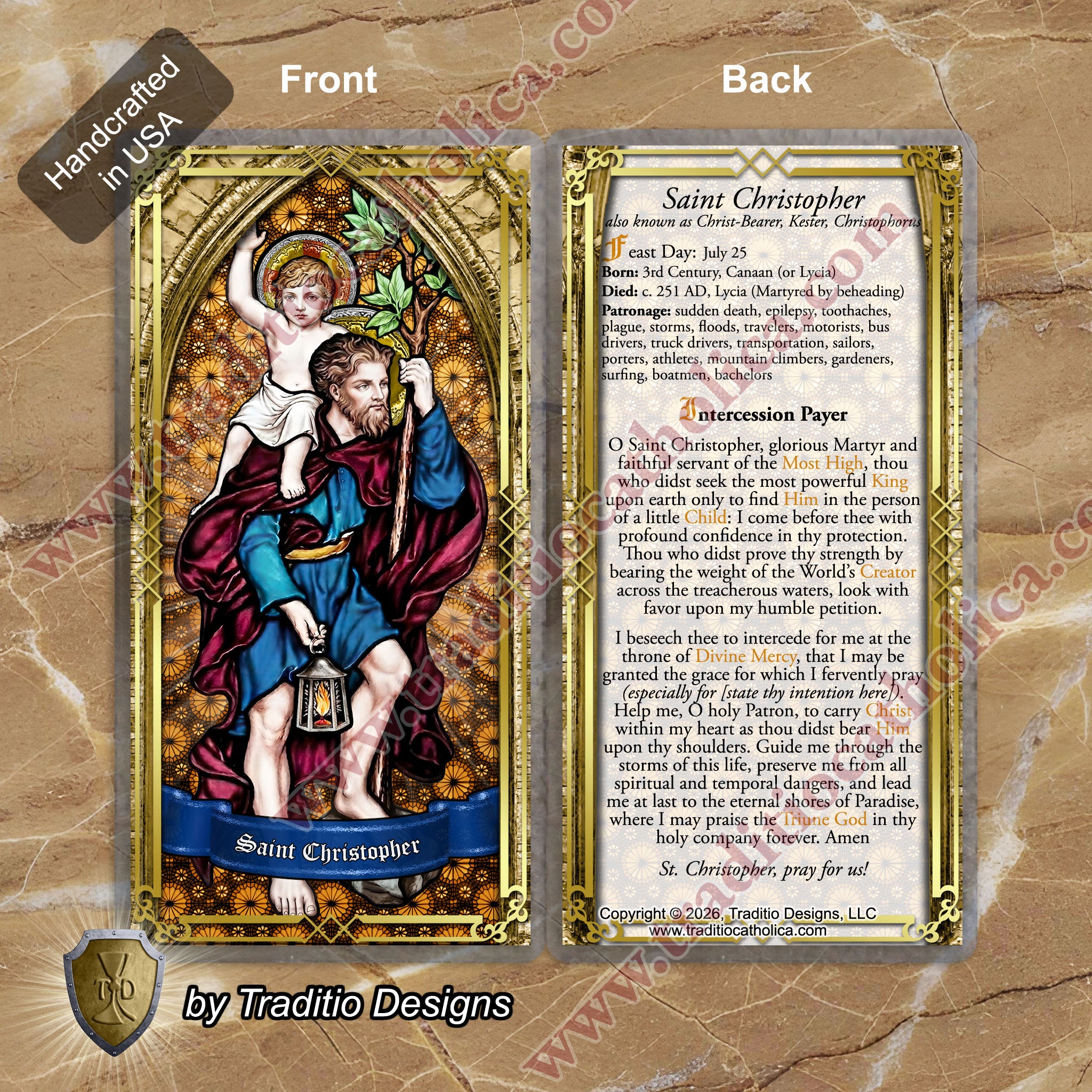 St. Christopher | Safety in Travel, Protection from Storms & Physical Strength | Laminated Stained Glass Gold Design