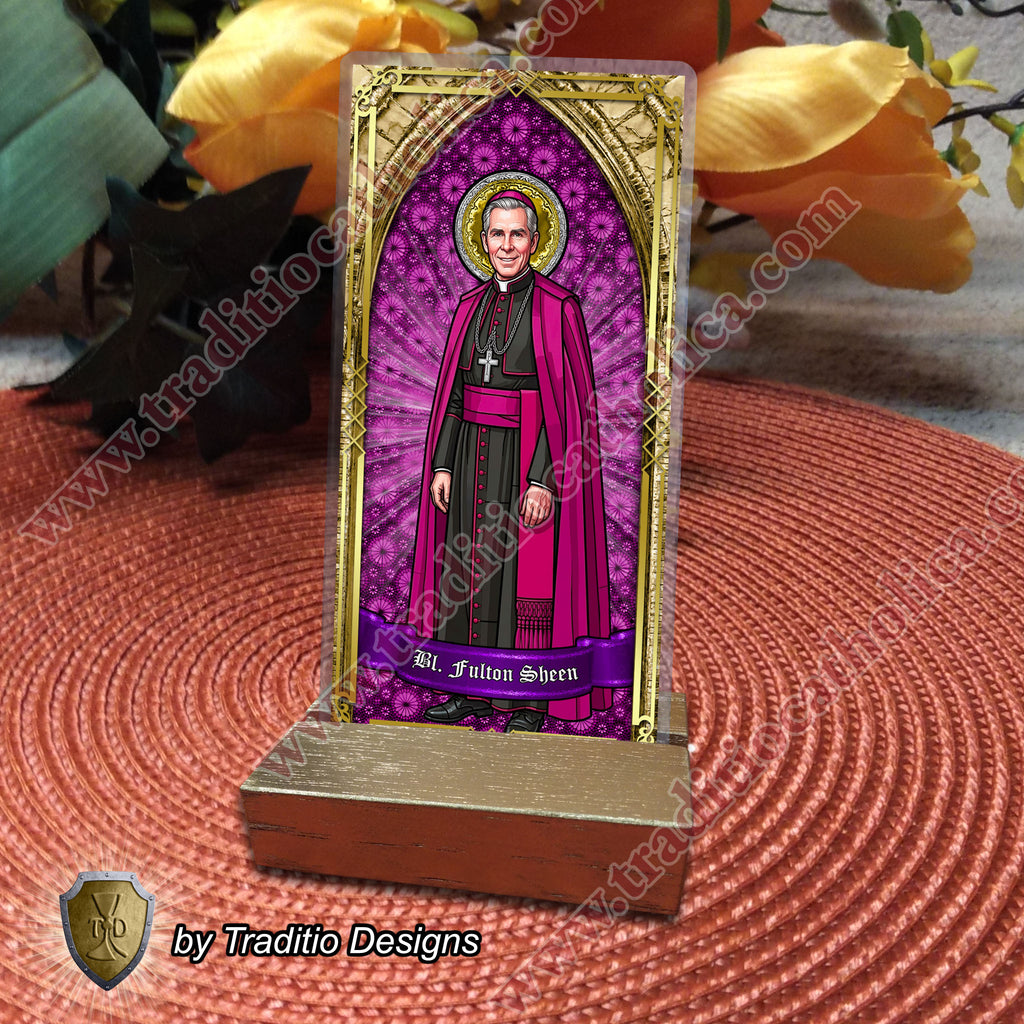 Bl. Fulton J. Sheen Prayer Card | Infant Health, Heart Relief & Broadcasters | Laminated Stained Glass Gold Design