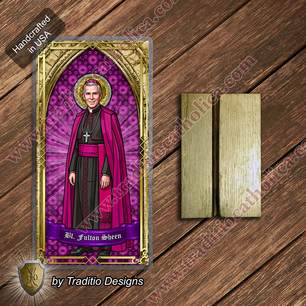 Bl. Fulton J. Sheen Prayer Card | Infant Health, Heart Relief & Broadcasters | Laminated Stained Glass Gold Design