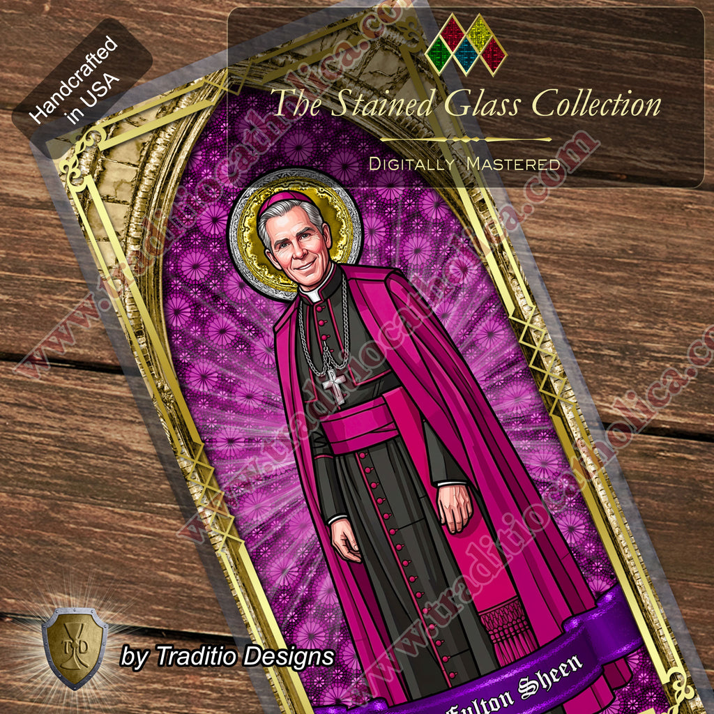 Bl. Fulton J. Sheen Prayer Card | Infant Health, Heart Relief & Broadcasters | Laminated Stained Glass Gold Design