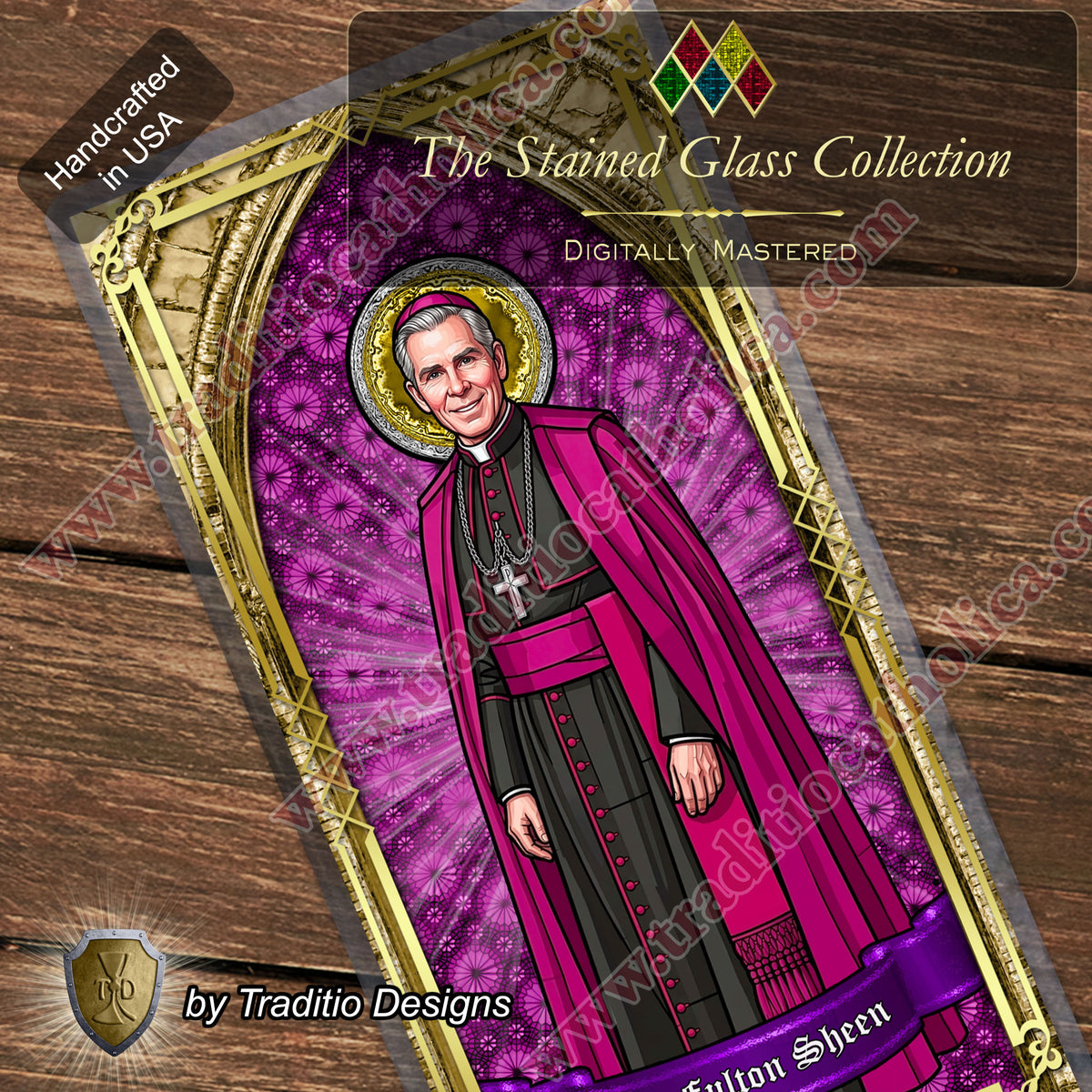 Bl. Fulton J. Sheen Prayer Card | Infant Health, Heart Relief & Broadcasters | Laminated Stained Glass Gold Design
