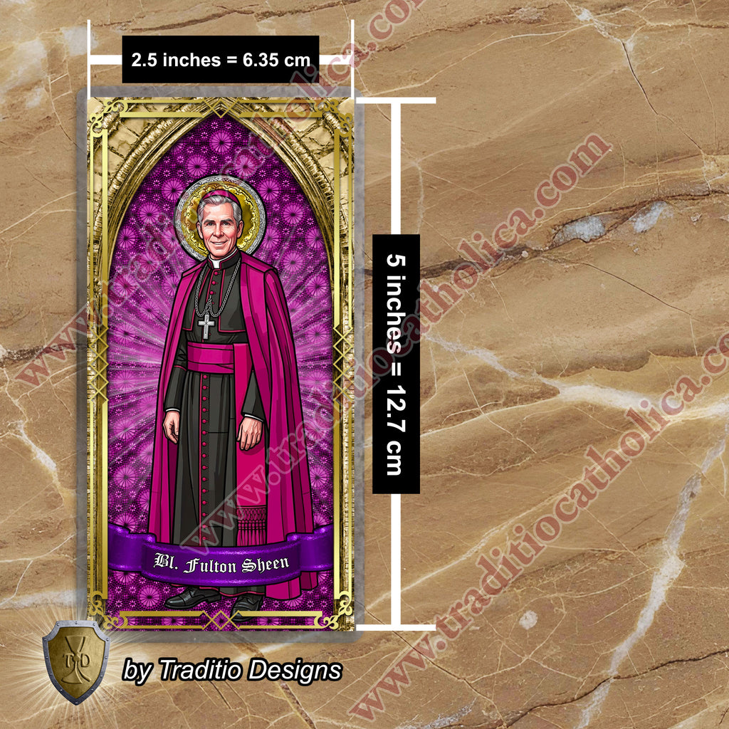 Bl. Fulton J. Sheen Prayer Card | Infant Health, Heart Relief & Broadcasters | Laminated Stained Glass Gold Design