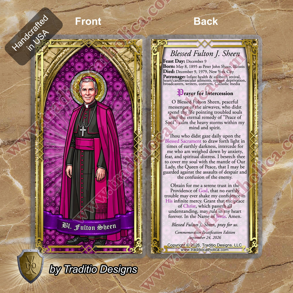 Bl. Fulton J. Sheen Prayer Card | Infant Health, Heart Relief & Broadcasters | Laminated Stained Glass Gold Design