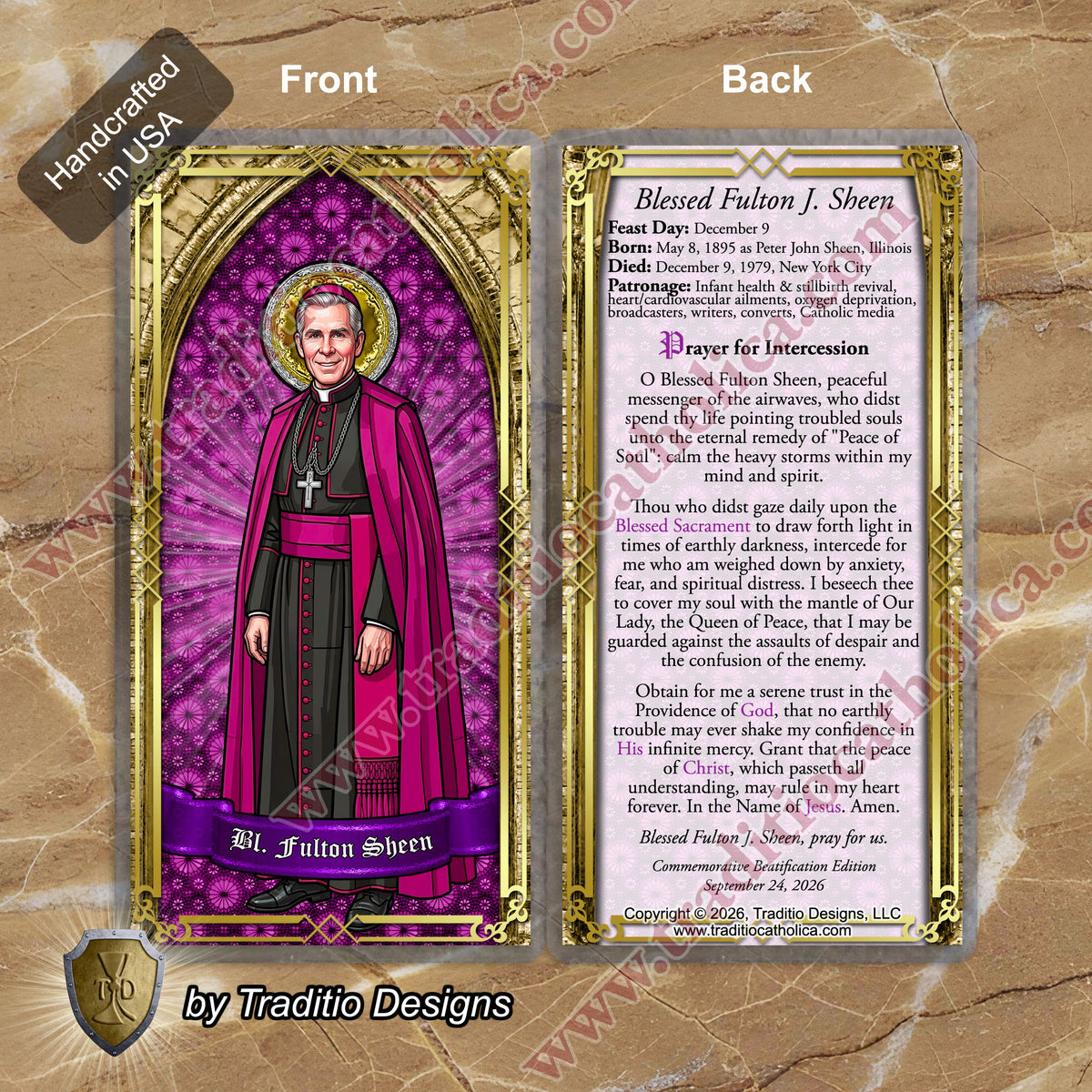 Bl. Fulton J. Sheen Prayer Card | Infant Health, Heart Relief & Broadcasters | Laminated Stained Glass Gold Design