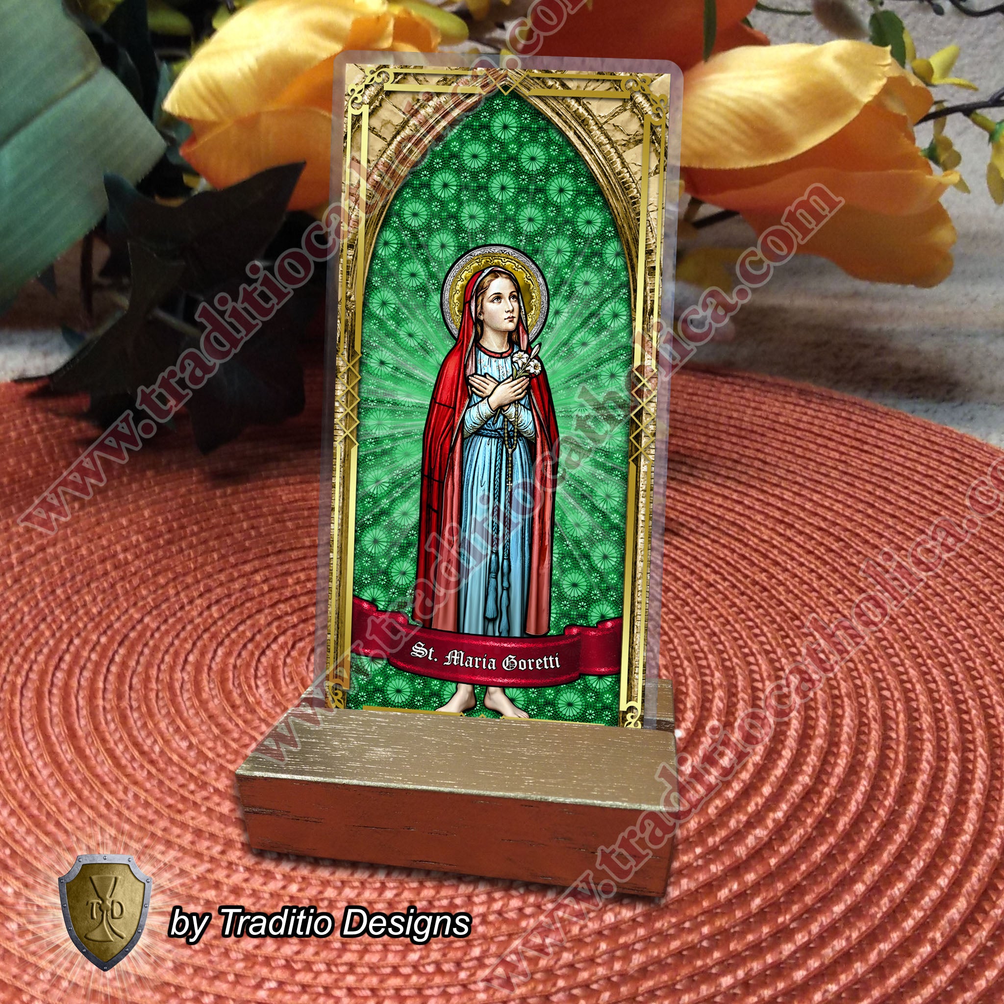 St. Maria Goretti, Patron of Crime Victims | Catholic prayer holy card | Laminated Stained Glass Gold Design