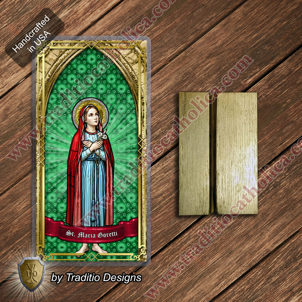 St. Maria Goretti, Patron of Crime Victims | Catholic prayer holy card | Laminated Stained Glass Gold Design