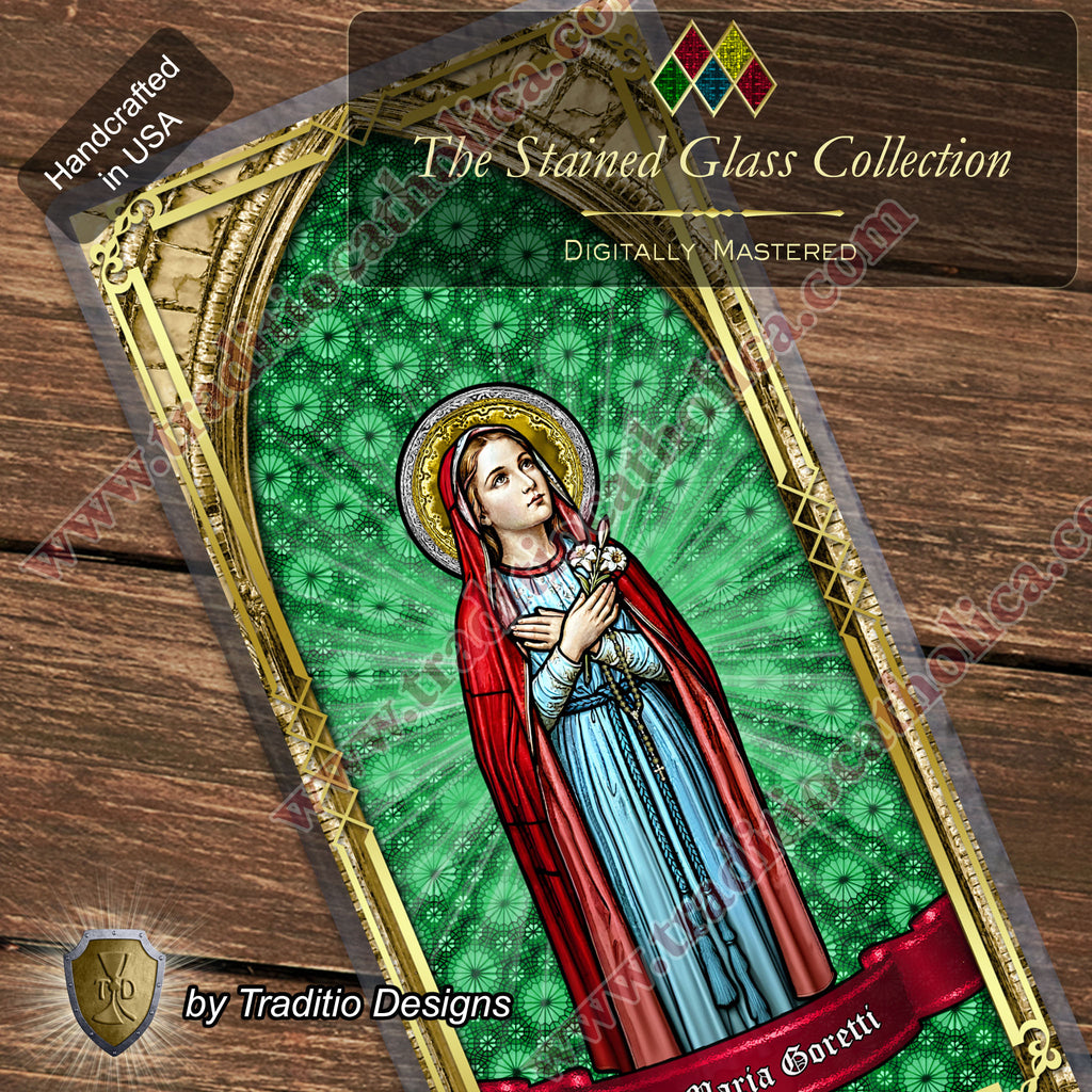 St. Maria Goretti, Patron of Crime Victims | Catholic prayer holy card | Laminated Stained Glass Gold Design