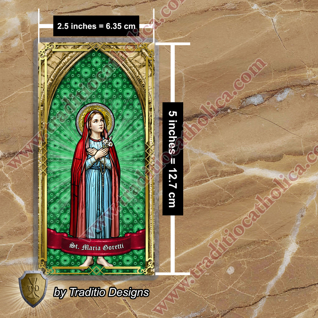 St. Maria Goretti, Patron of Crime Victims | Catholic prayer holy card | Laminated Stained Glass Gold Design